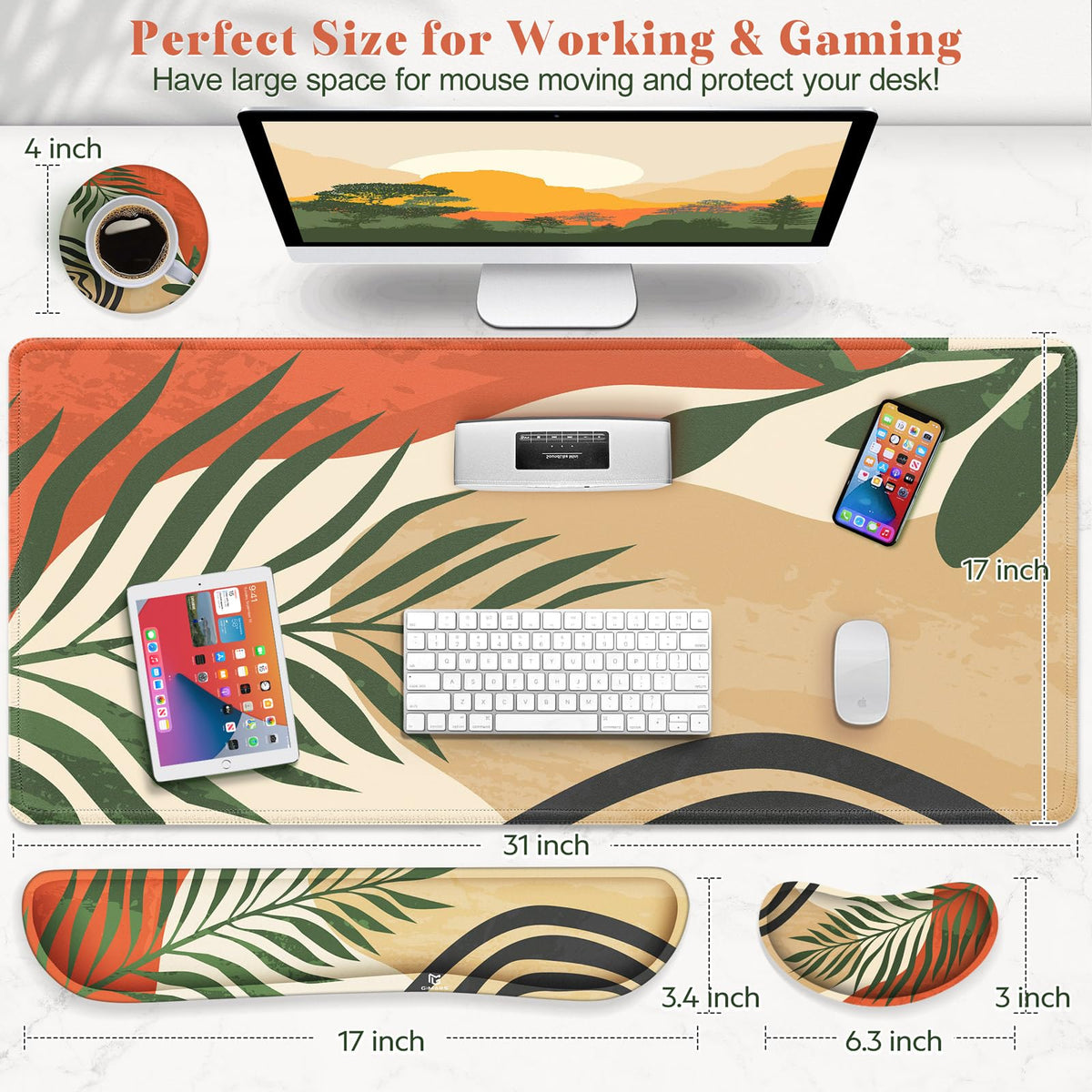 Gimars 4 in 1 Mouse Pad and Keyboard Wrist Rest Set, Large Mouse Pad with Memory Foam Wrist Support