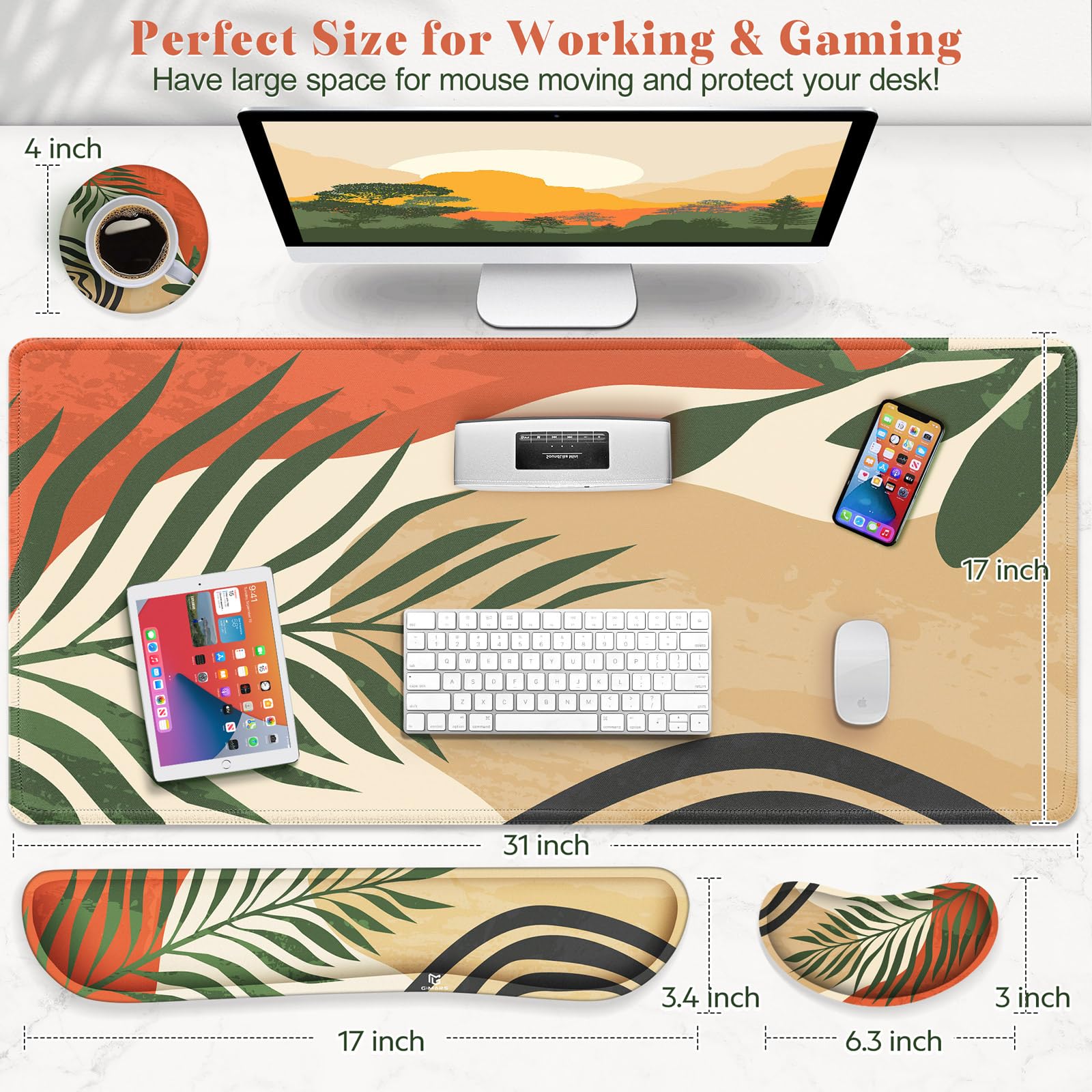Gimars 4 in 1 Mouse Pad and Keyboard Wrist Rest Set, Large Mouse Pad with Memory Foam Wrist Support