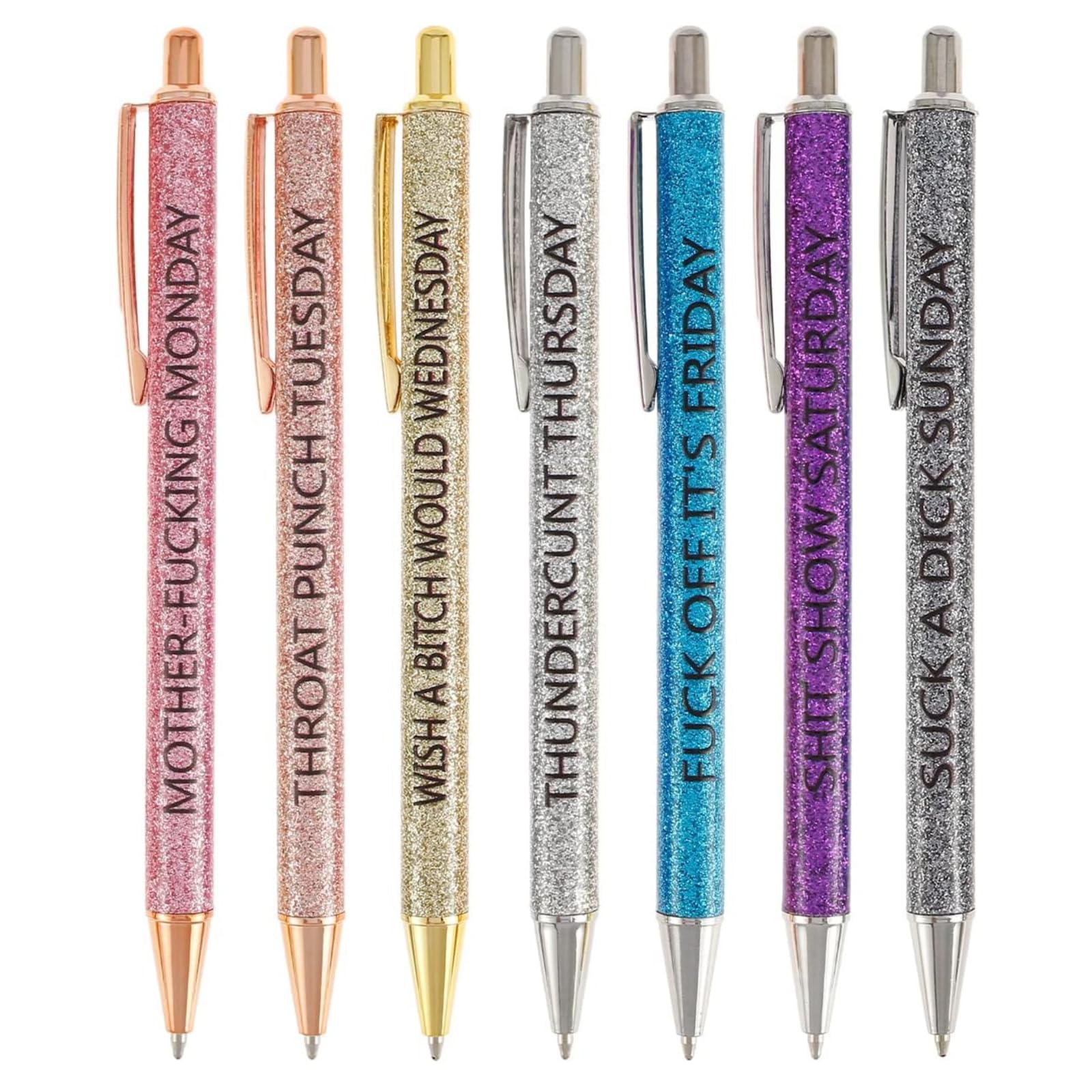 Jxueych 7 Pcs Funny Ballpoint Pen Set Gift for Coworker, Days of The Week Daily Glitter Pen, Black