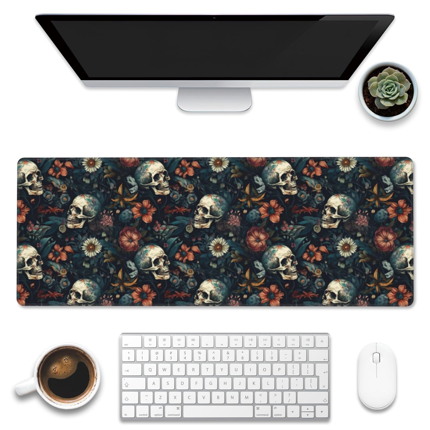 Desk Mat,Skulls with Flowers Large Gaming Mouse Pad XL,Skull Floral Desk Pad,Extended Big Computer