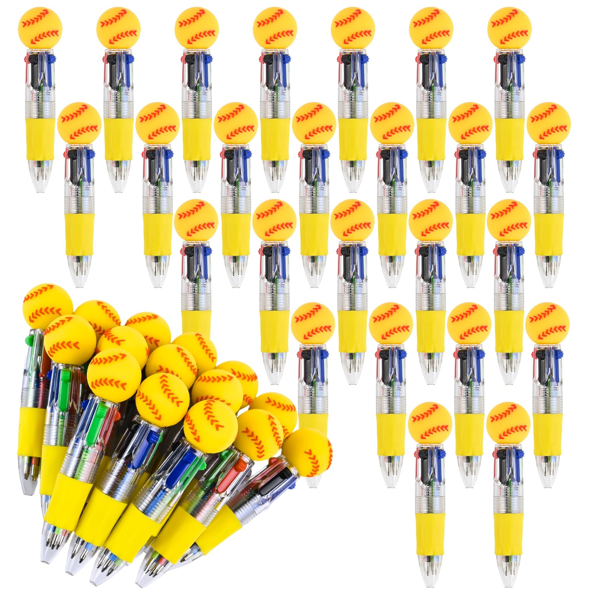 LiYiQ 25 Pcs Softball Multicolor Pen in One Cartoon Cute Fun 4-in-1 Cute Pens Bulk Kawaii Softball