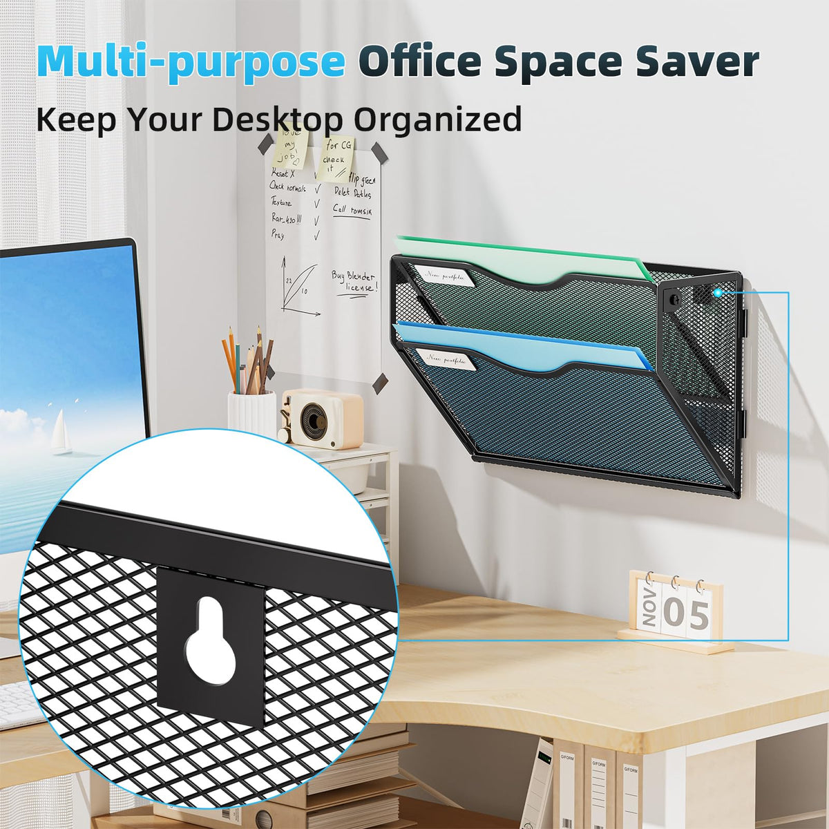 Marbrasse Wall File Holder 2-Tier Hanging Wall File Organizer, Mesh Mail Holder for Papers, Wall