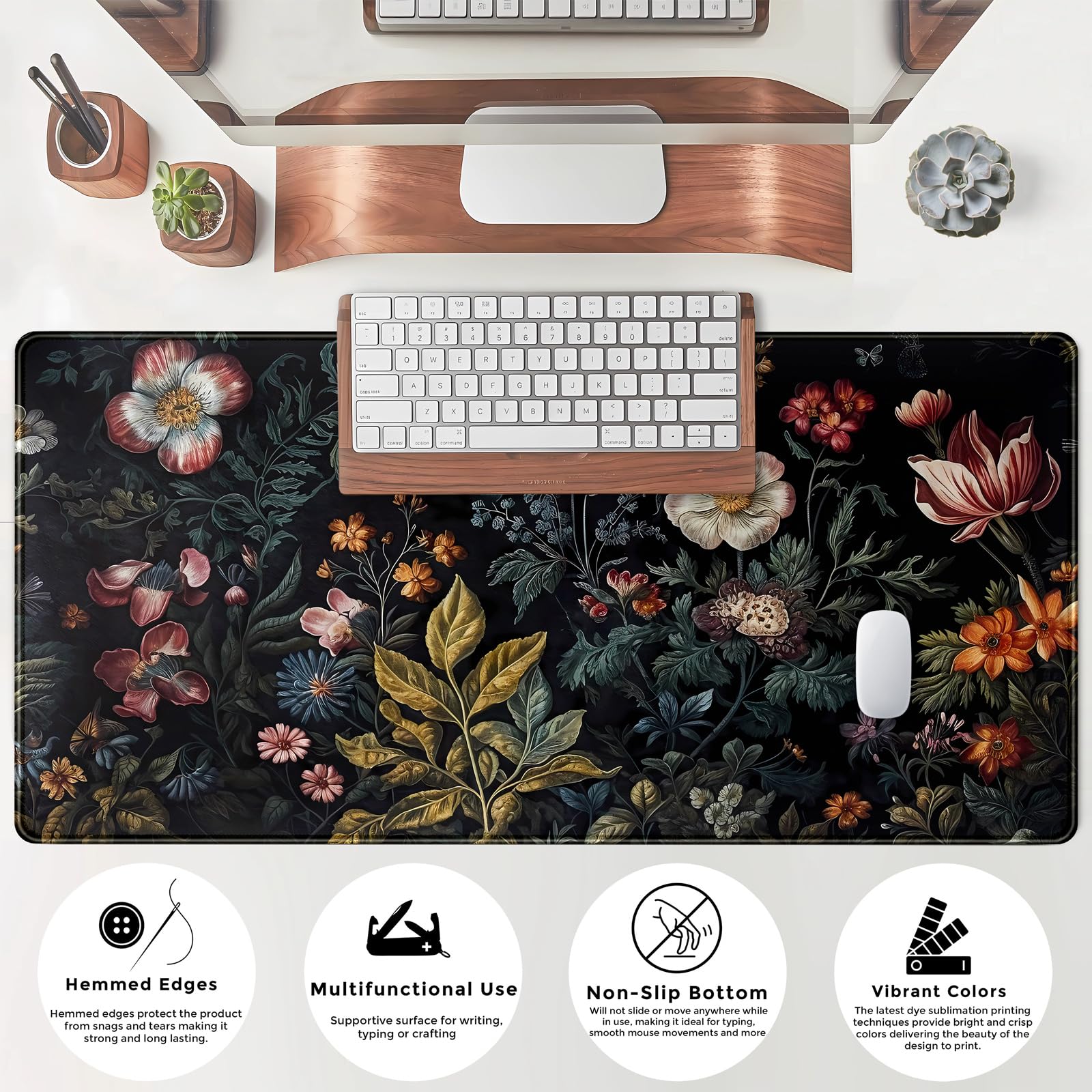Floral Desk Mat Dark Vintage Aesthetic Desk Pad Flower Plant Black Extended Mouse Pad Large Gaming