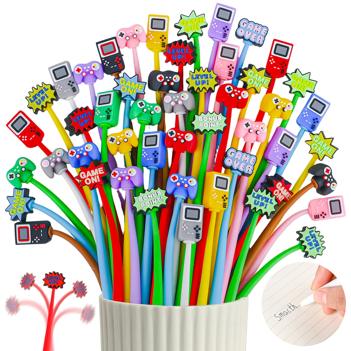 LiYiQ 50 Pcs Video Game Stress Relief Bobblehead Pens Games Handle Level Up Games Console Shape