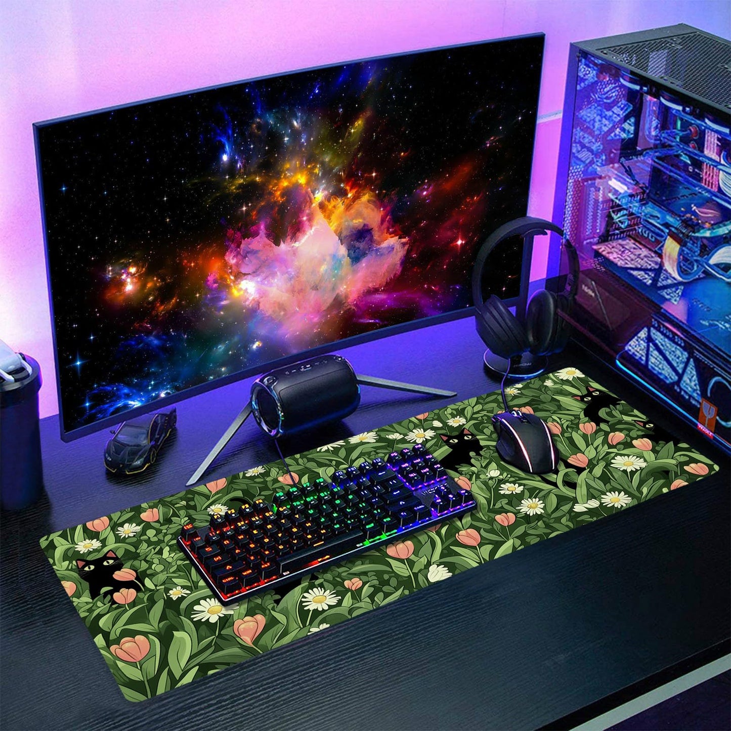 Kawaii Green Plant Gaming Mouse Pad XL Cute Black Cat Flower Cottagecore Extended Big Large Desk