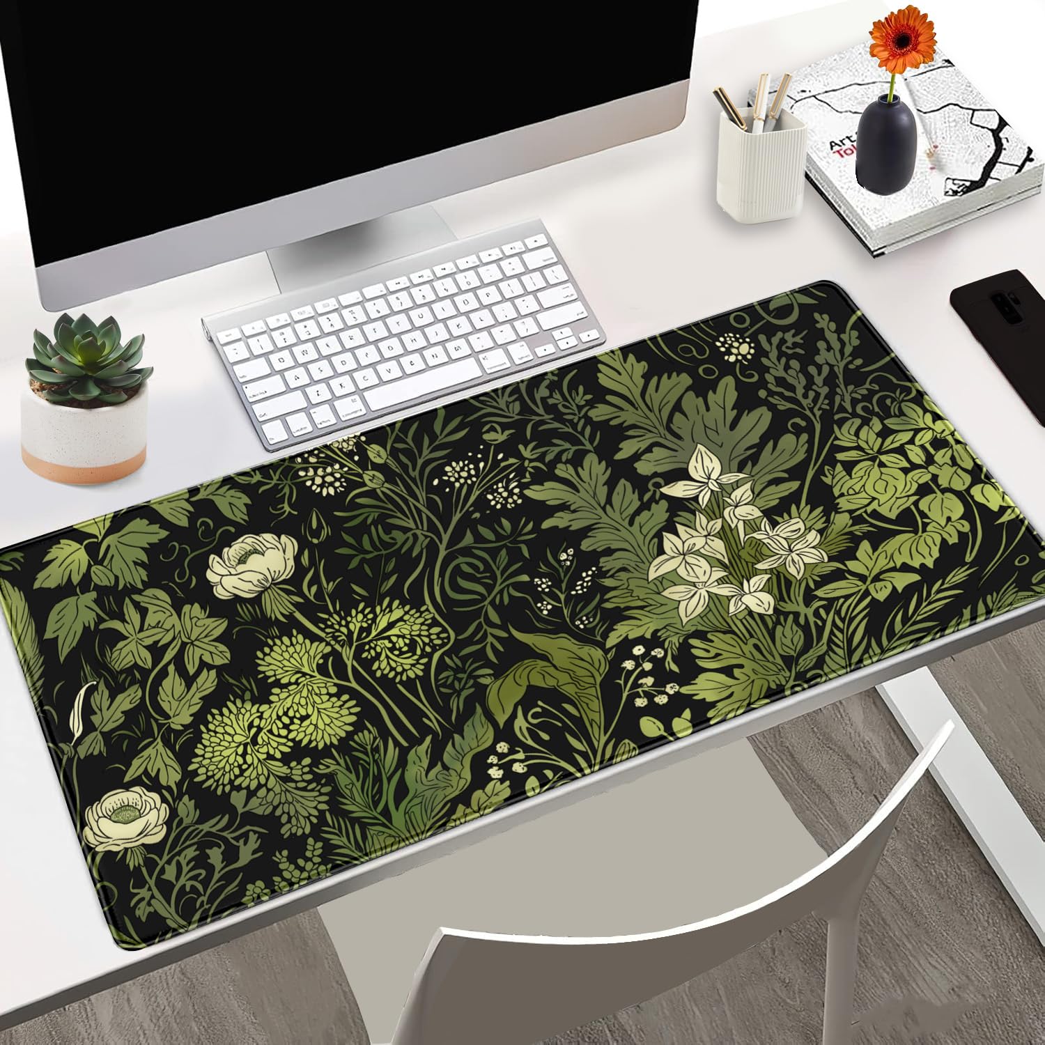 Floral Desk Mat Green Leaves Plant Desk Pad Matt for Desktop Large Gaming Mousepad XXL Full Desk