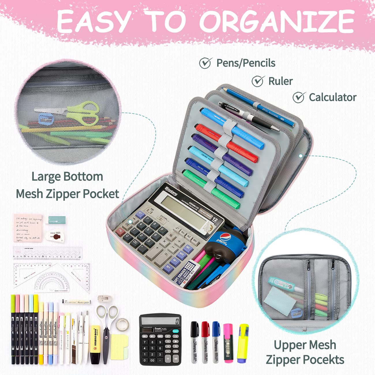 VASCHY Large Pencil Case Bag, Art Supply Marker Organizer Big Pen Pouch with Detachable Layers