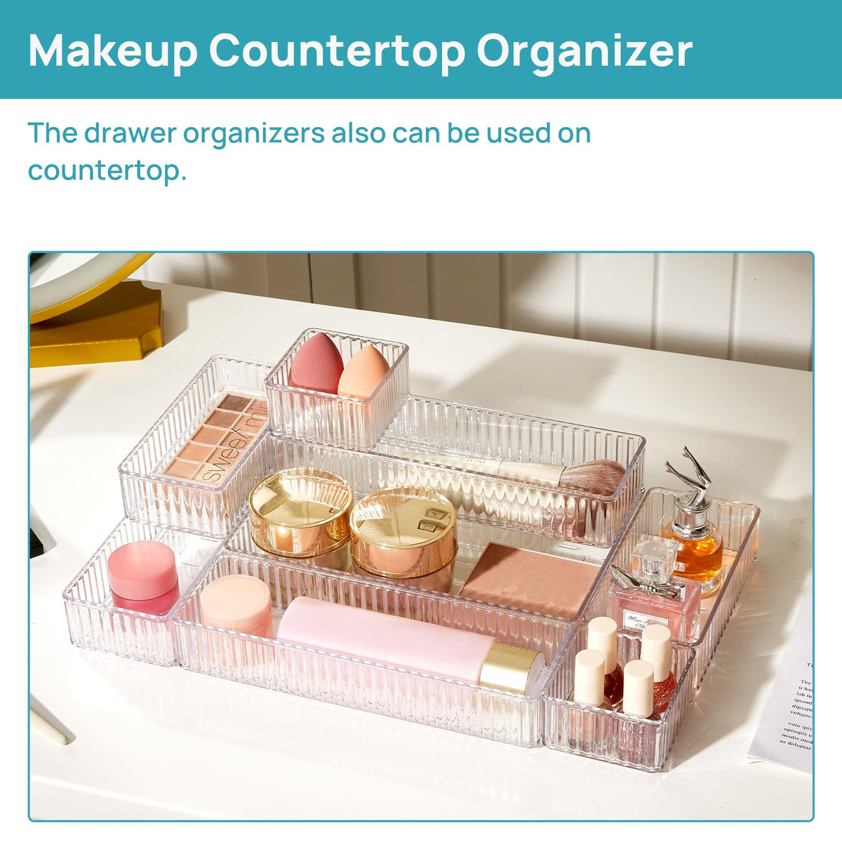 Vtopmart 7 PCS Clear Makeup Drawer Organizers Bins, 4-Size Stackable Makeup and Vanity Organizer