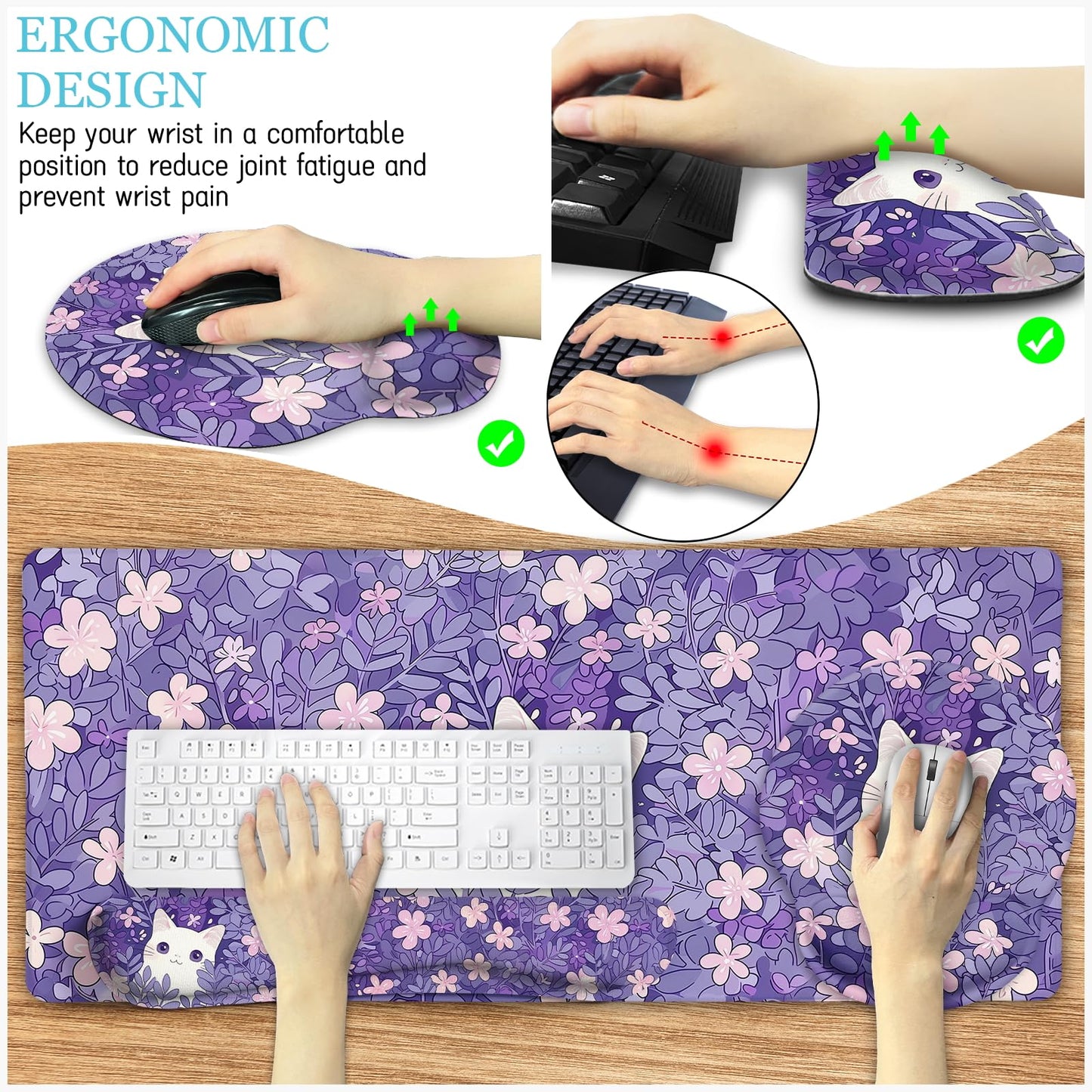 LIMKRIAN Purple Mouse Pad Large Desk Mat Set, Kawaii Cat Gaming Mousepad