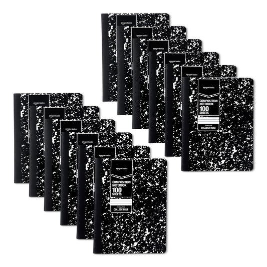 Amazon Basics Composition Notebook, College Ruled, 100 Sheets, 9.75" x 7.5", Marble Black, 12-Pack