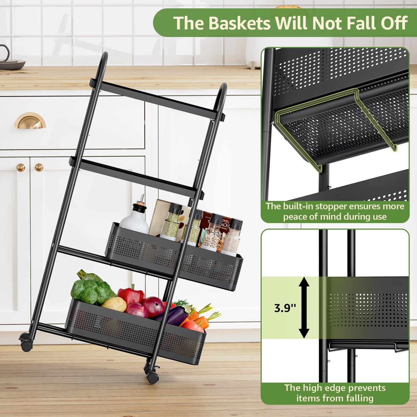 KINGRACK 4 Tier Slim Rolling Cart with Drawer, Metal Utility Storage Cart