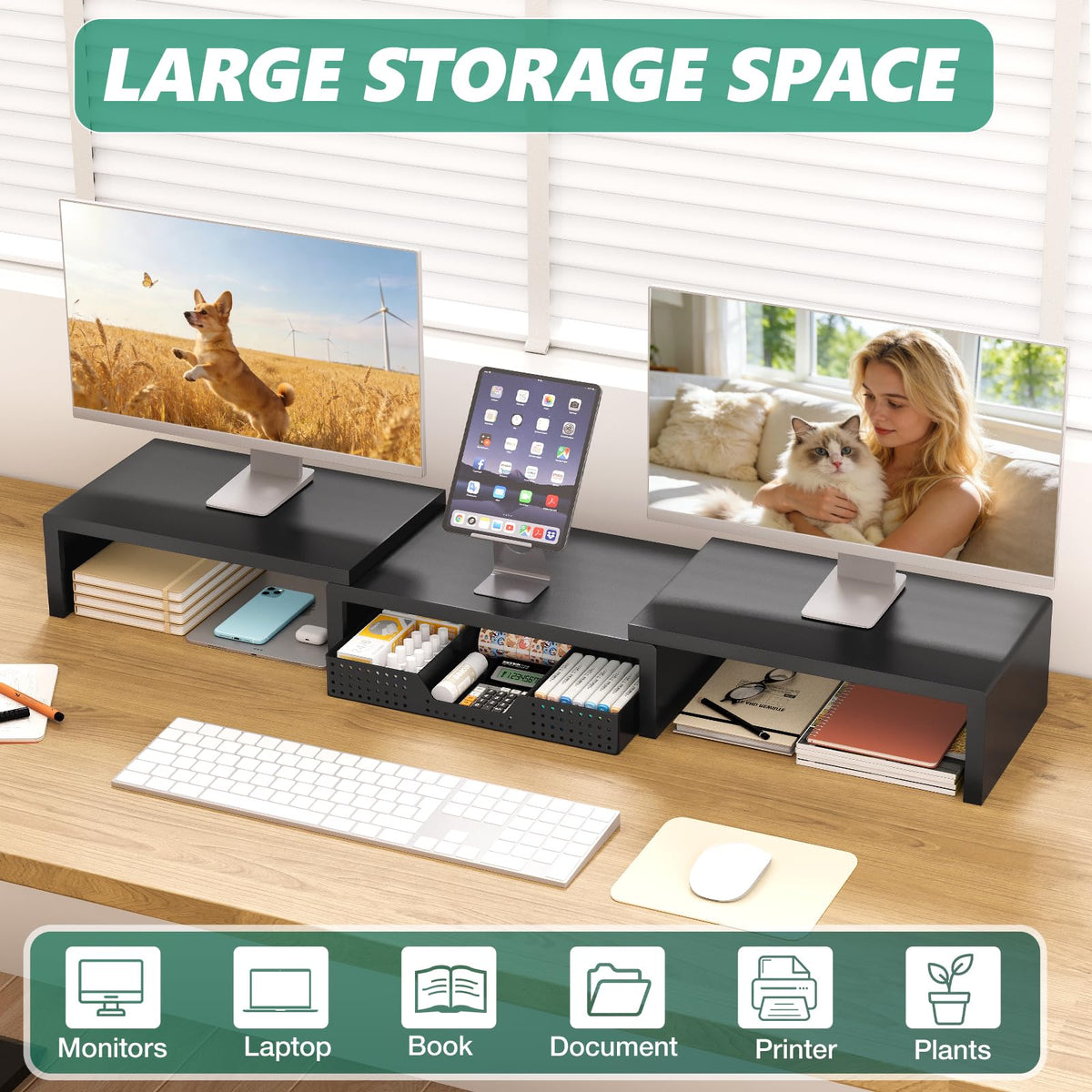 OPNICE Dual Computer Monitor Stand Riser, Desk Organizer with Drawer, Office Desk Accessories &