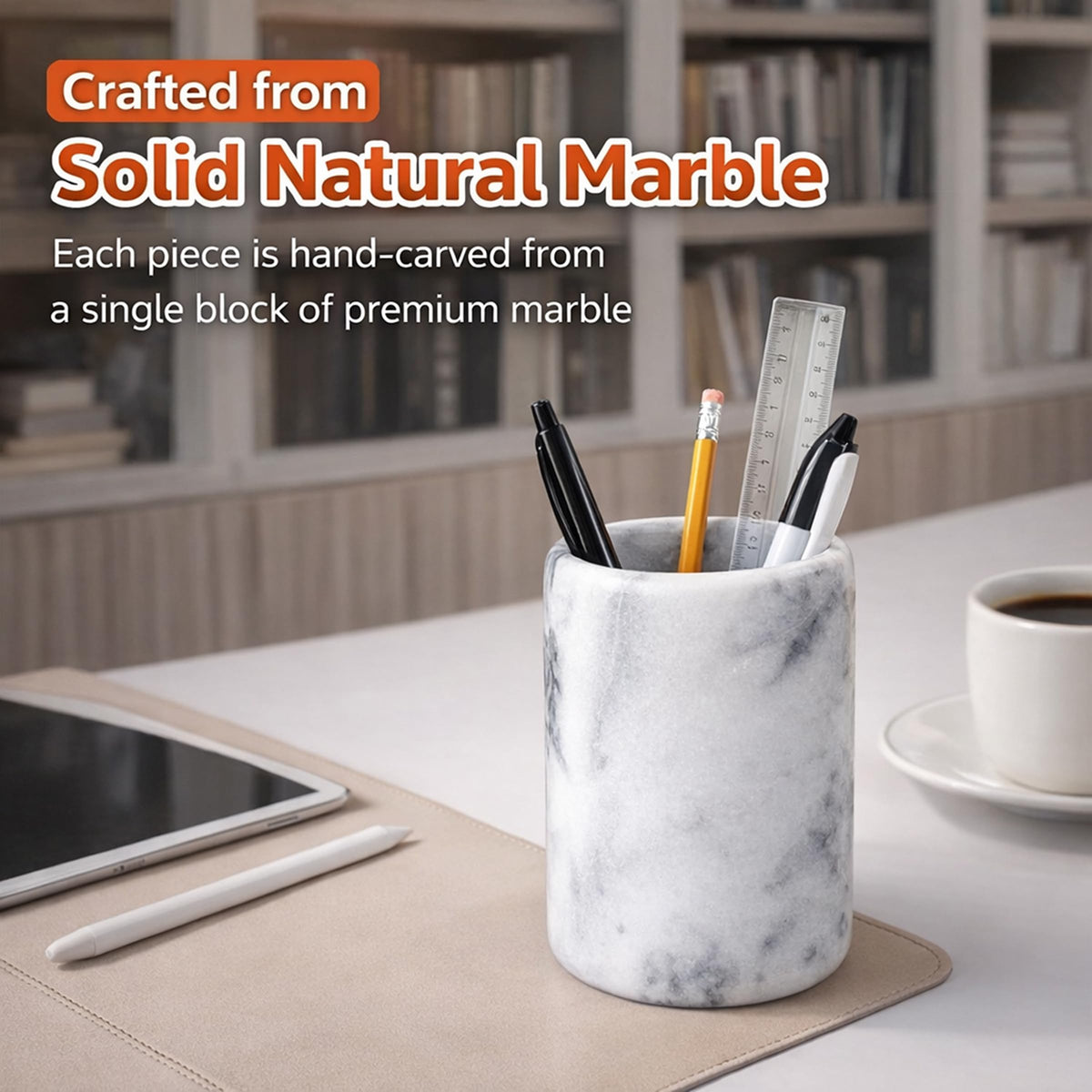 Creative Home White Marble Pen Holder, Heavy Stone Pencil Cup Organizer for Desk