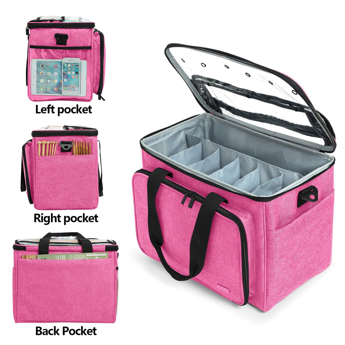 Teamoy Knitting Bag, Yarn Storage Organizer Crochet Bag Tote, Pink