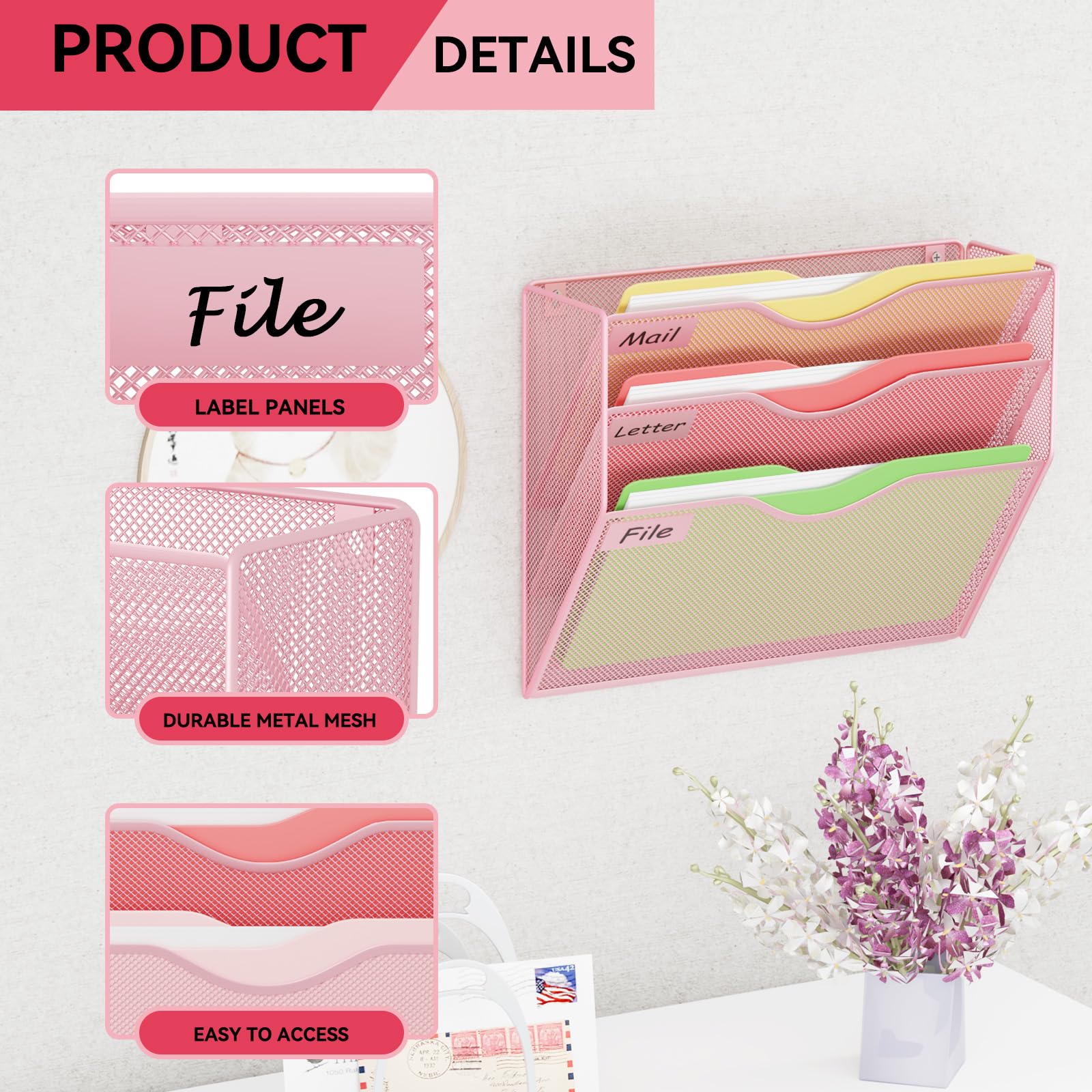 GDINDINFAN 3 Pockets Hanging Wall File Organizer Mail Holder, Wall Mounted Paper Document Folder