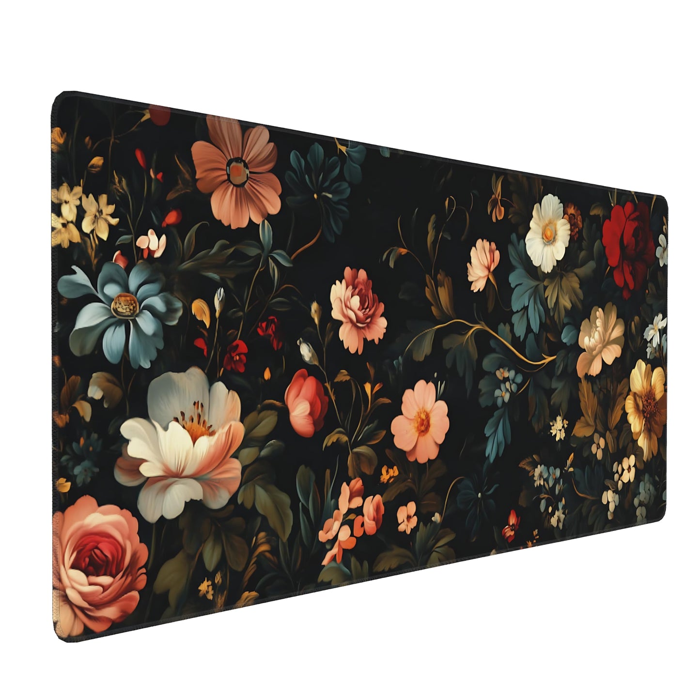 Floral Aesthetic Rose Gaming Mouse Pad, Black Dark Botanical Desk Mat with Anti-Slip Base &