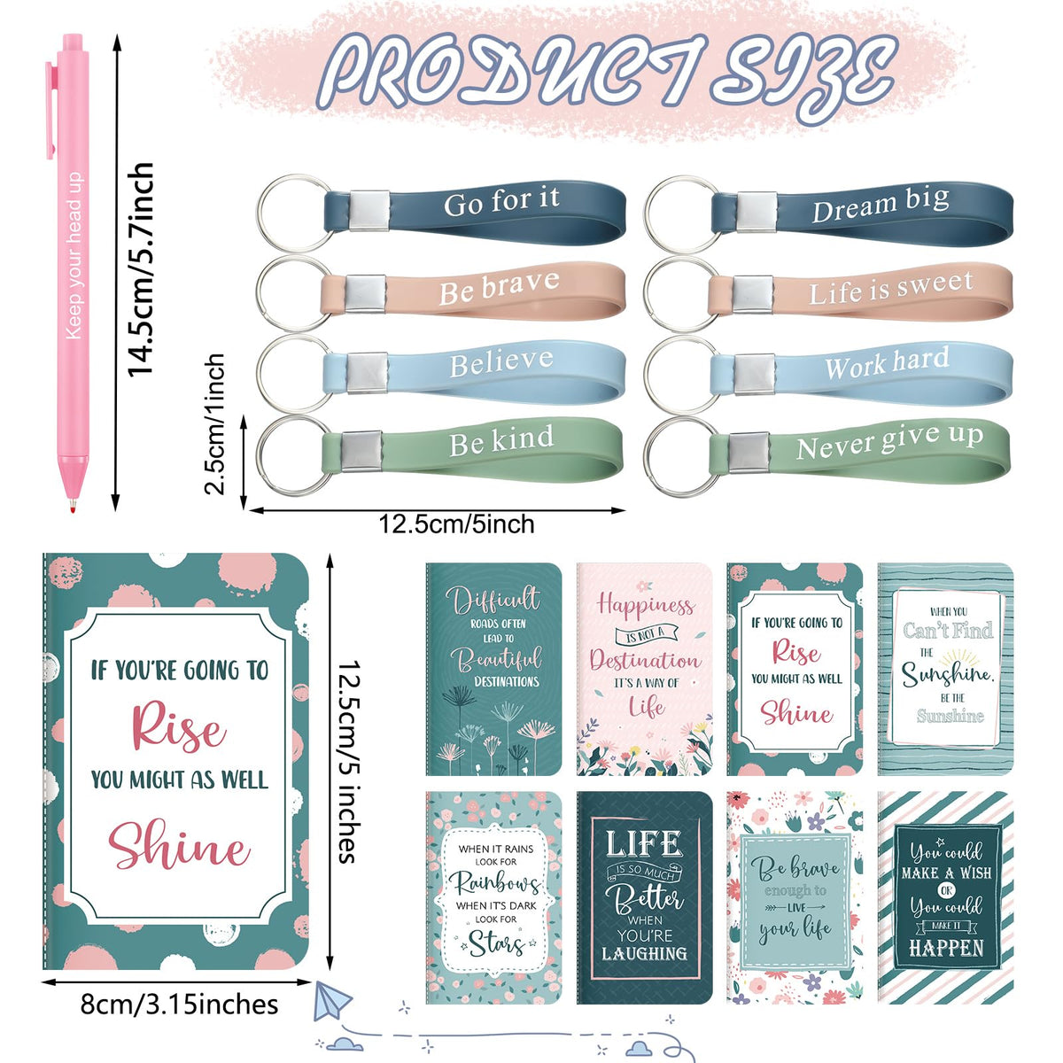 PerKoop 48 Pcs Inspirational Gifts Bulk Notepads Pens Keychain Set, Classic