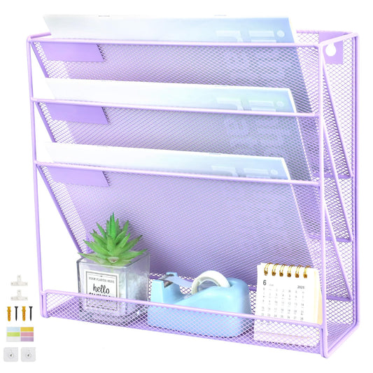 ideallife 3 Pockets Mesh Wall File Holder Organizer with Bottom Flat Tray, Office Hanging File