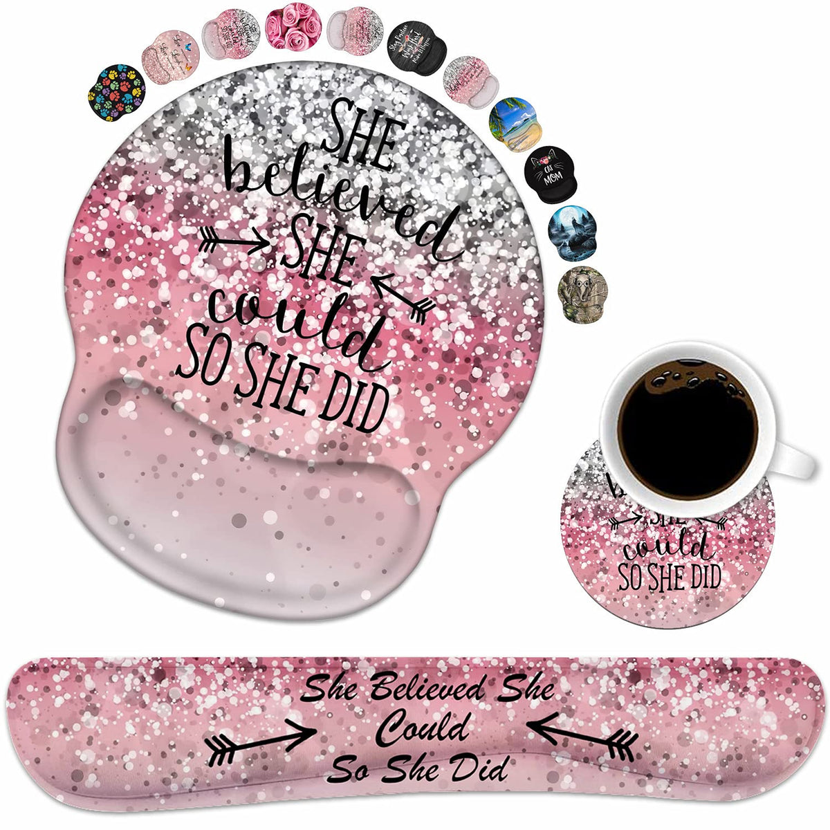 Keyboard Wrist Rest and Mouse Pad Wrist Support Set with Coasters, She Believed She Could So She