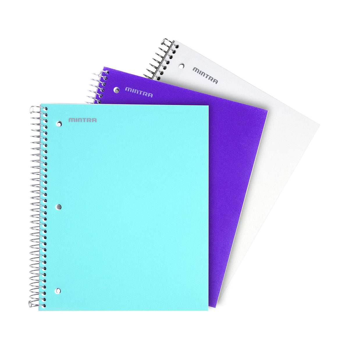 Mintra Office Durable Spiral Notebooks, 3 Subject (aTeal, Purple, White, College Ruled 3pk)