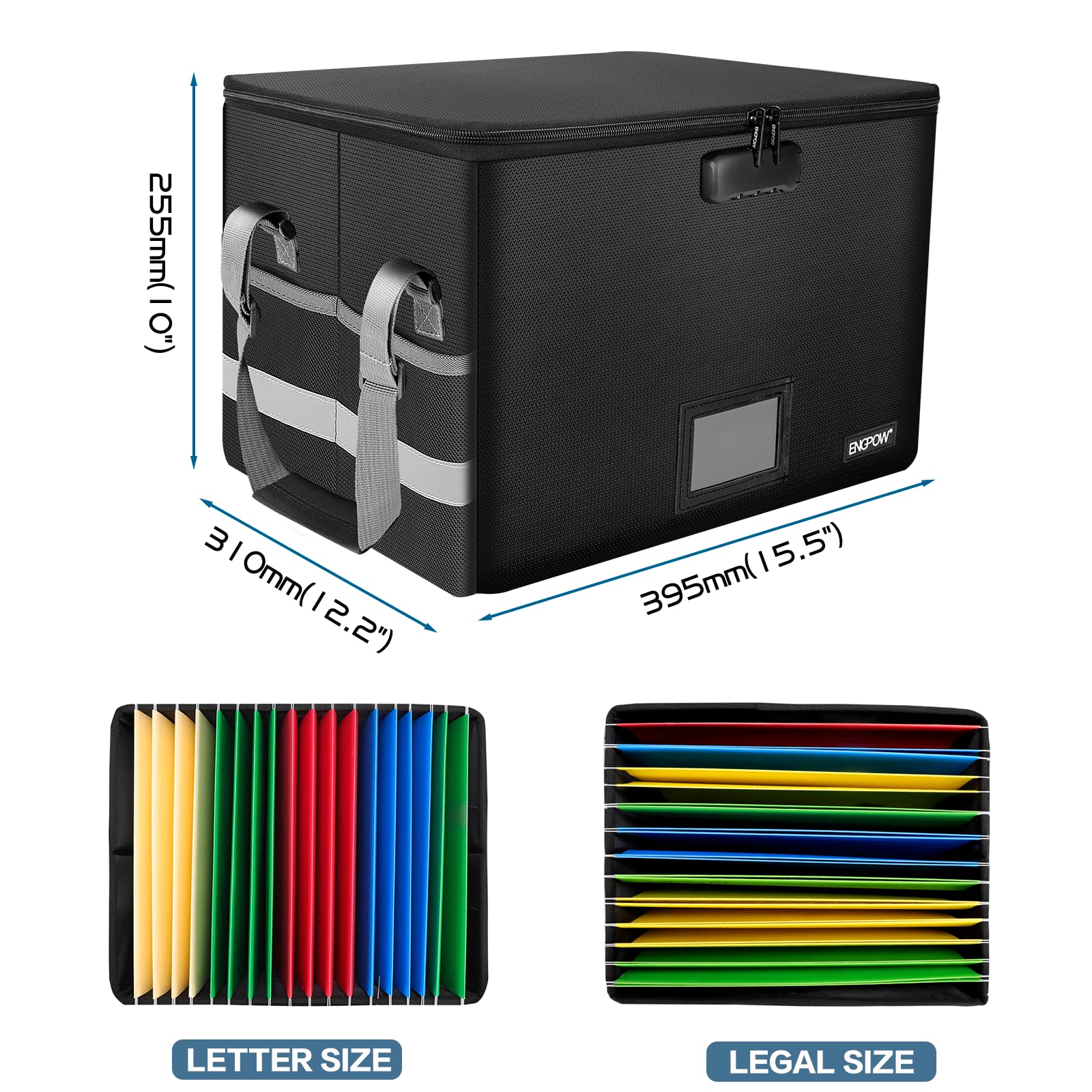 ENGPOW File Box with Lock,Fireproof Document Box with Zipper＆Pockets,Collapsible File Organizer