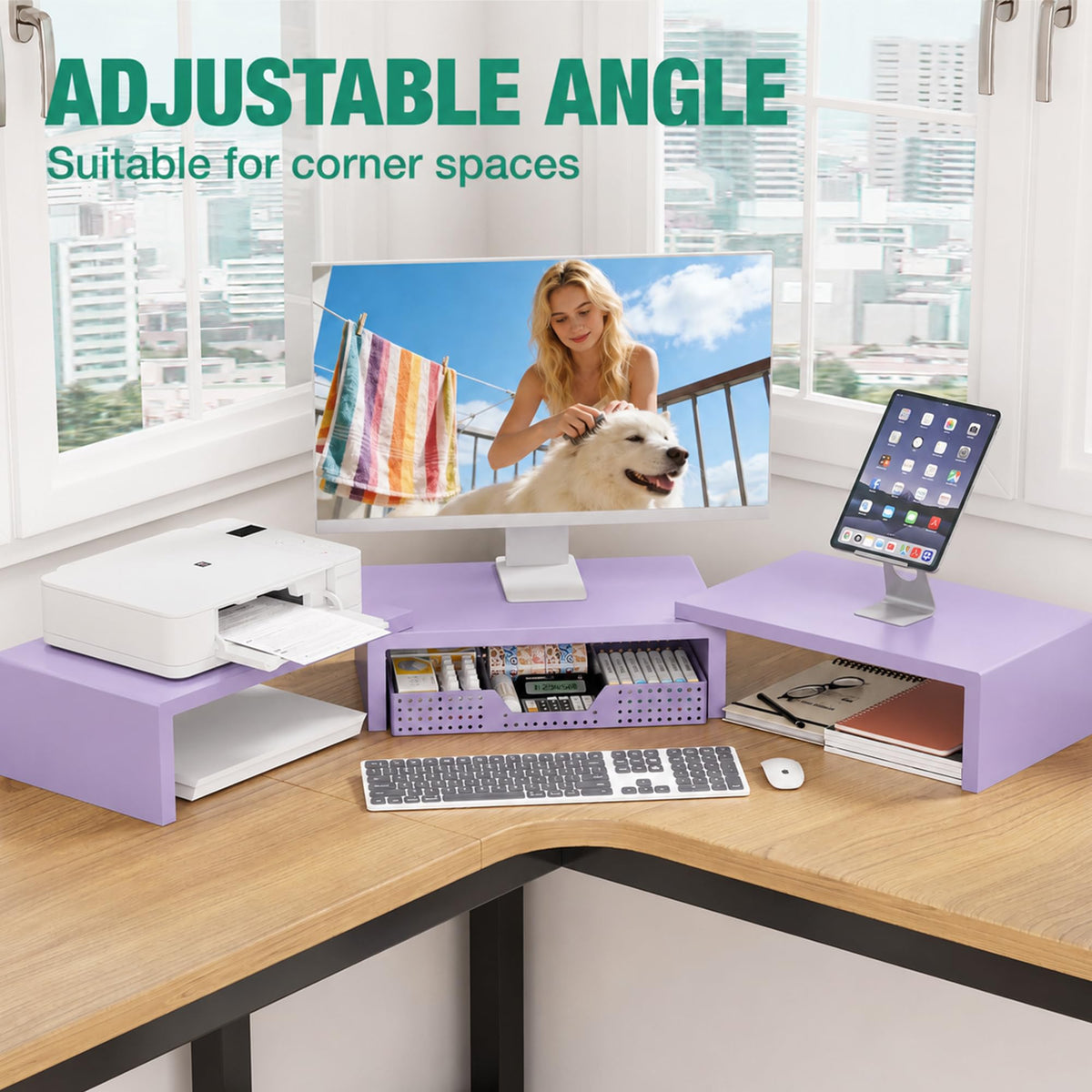 OPNICE Dual Computer Monitor Stand Riser, Desk Organizer with Drawer, Office Desk Accessories &