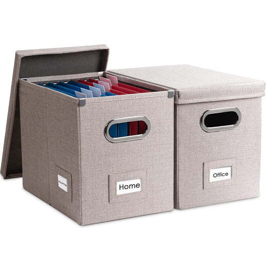 PRANDOM File Organizer Box - Set of 2 Collapsible Decorative Linen Filing Storage Hanging File