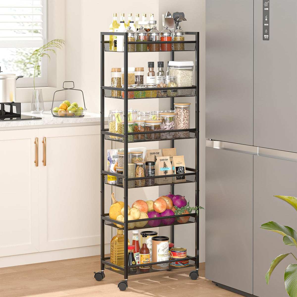 6 Tier Slim Rolling Storage Cart, Narrow Mobile Shelving Unit Organizer Utility Cart with Wheels