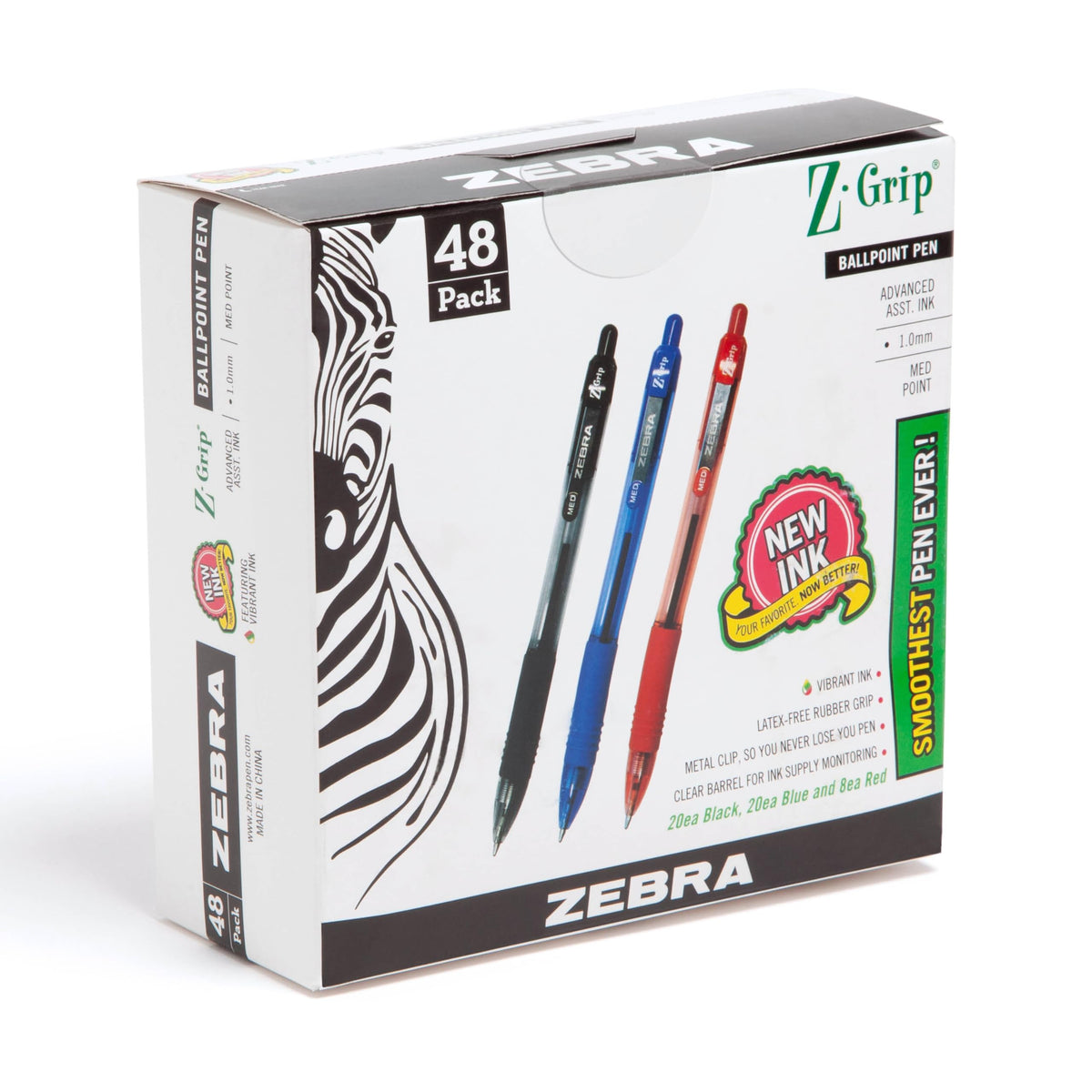 Zebra Pen Z-Grip Retractable Ballpoint Pen, Black, Blue, Red, 1.0mm, 48-Pk
