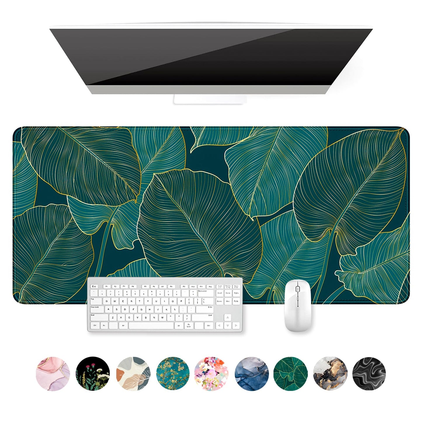 Auhoahsil Desk Mat, Ultra Large Mouse Pad, XXL Gaming Mousepad, Green Tropical Leaves Deskpad, Big