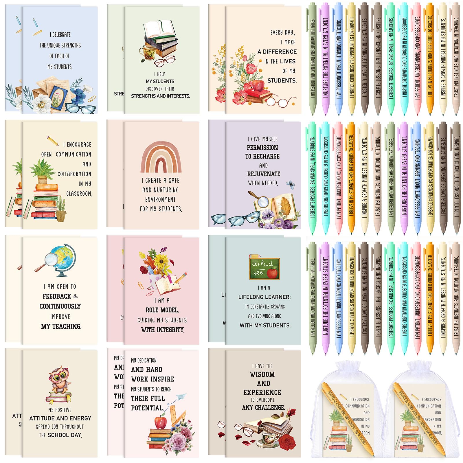 Mooliwe 48 Pcs Affirmation Notebooks Pens Bulk Gifts, Gratitude,Teacher