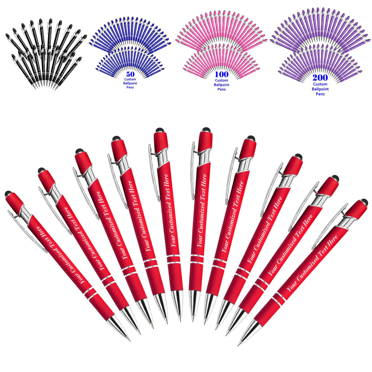 10 Pcs Personalized Pens in Bulk with Stylus Tip - Custom Print with Name 0.5 mm Soft Touch Medium