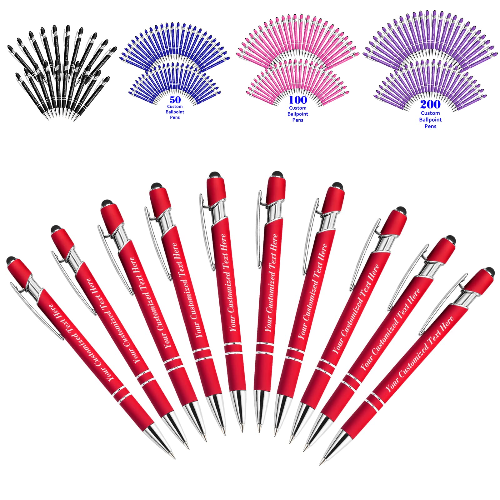 10 Pcs Personalized Pens in Bulk with Stylus Tip - Custom Print with Name 0.5 mm Soft Touch Medium