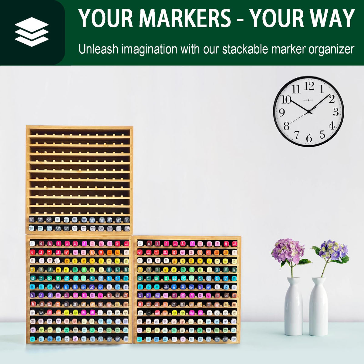 MinBoo Marker Organizer for 144 Markers, Bamboo Art Supply Storage Organizer Rack, Art Markers Pens