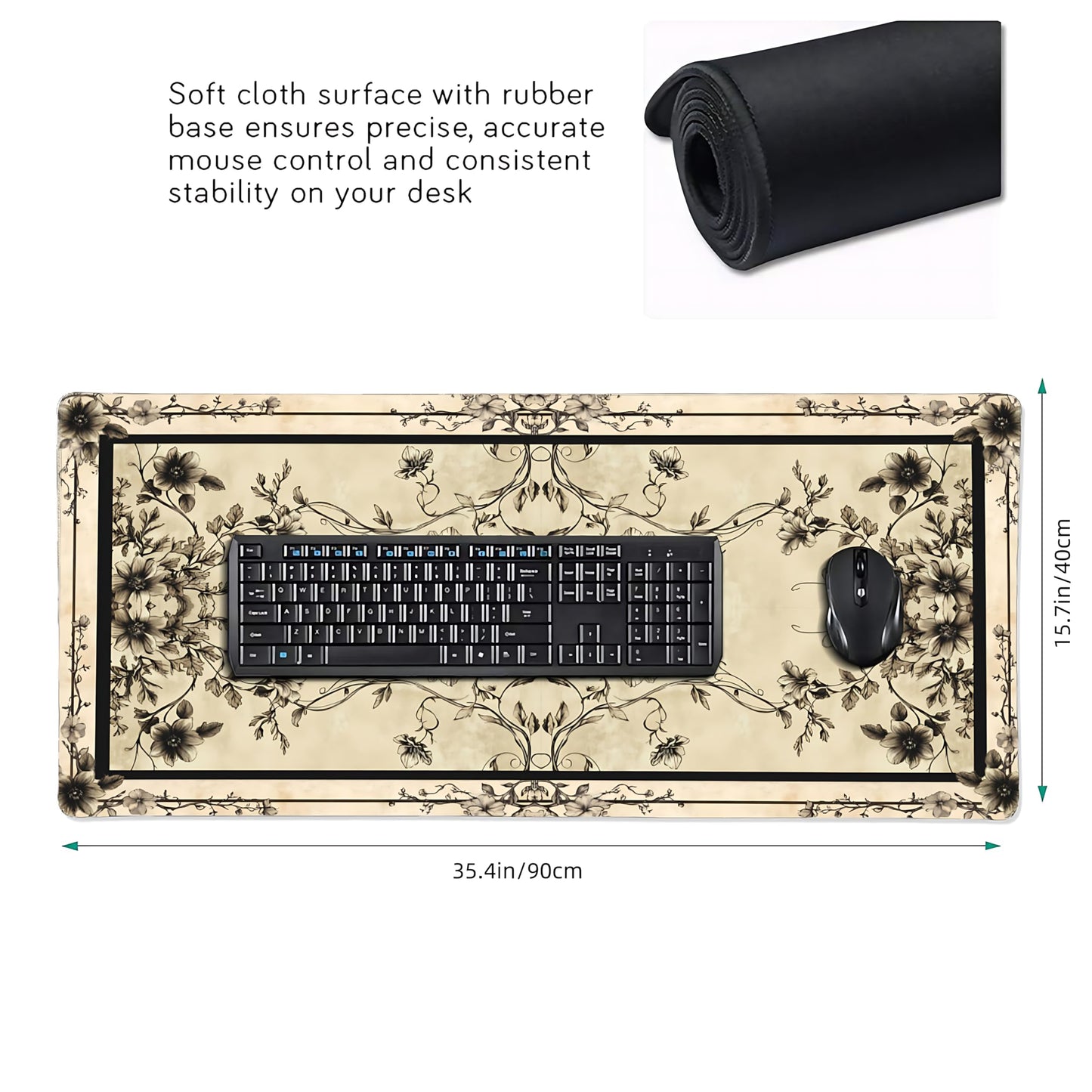 Floral Aesthetic Rose Gaming Mouse Pad, Earth Black Rug Desk Mat with Anti-Slip Base & Stitched