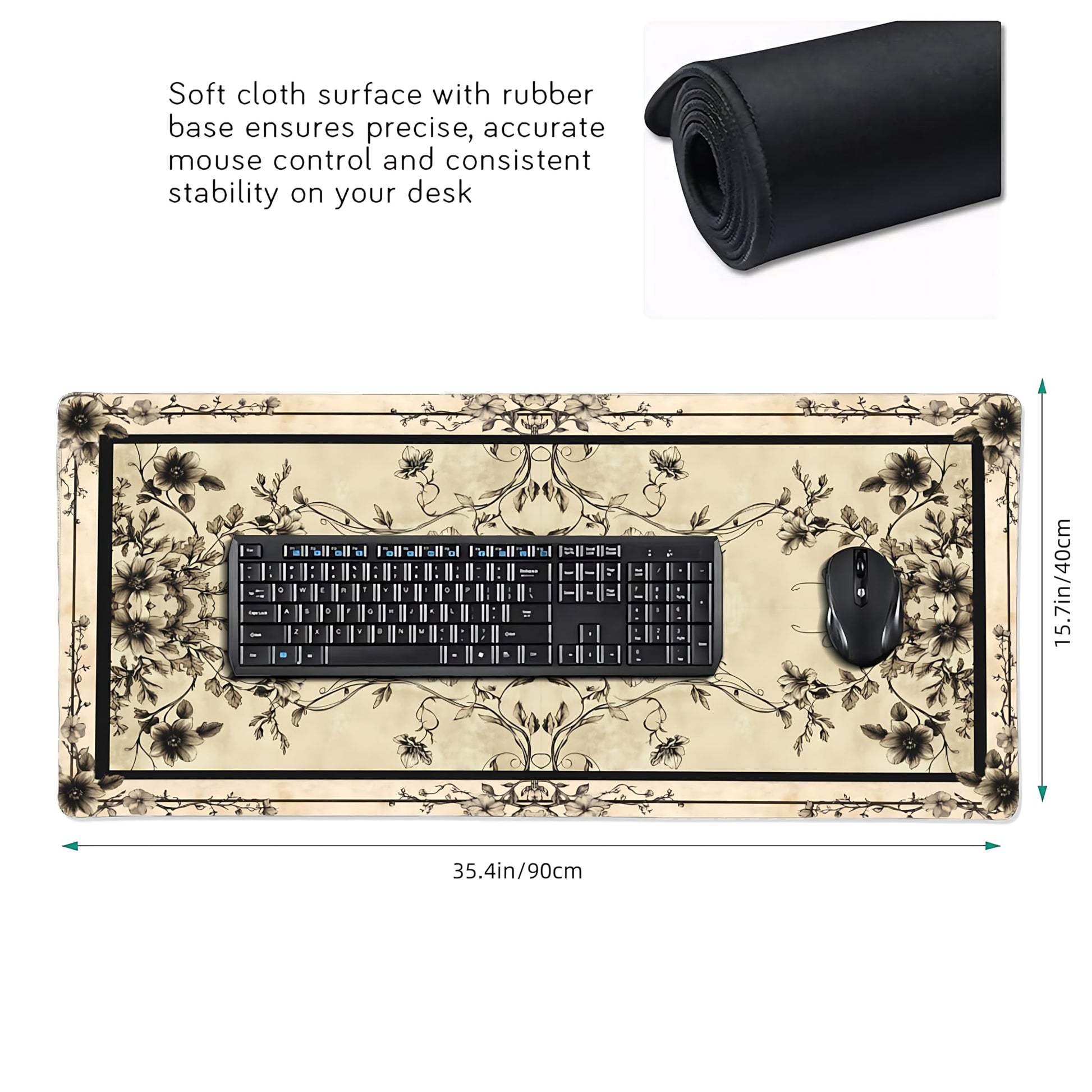 Floral Aesthetic Rose Gaming Mouse Pad, Earth Black Rug Desk Mat with Anti-Slip Base & Stitched