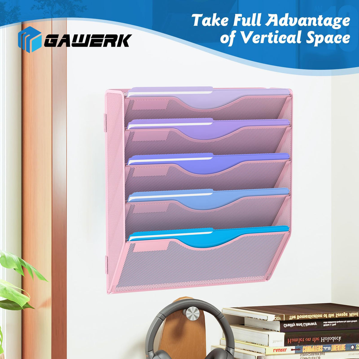 Gawerk 5 Tier Hanging Wall File Organizer, Mesh Mail Paper Orgnization Hanging File Folder Holder
