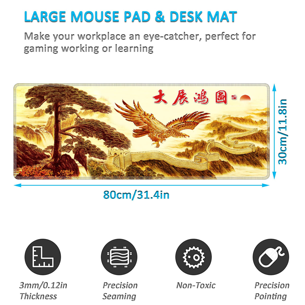 LL-COEUR XXL Landscape Gaming Mouse Pad Computer Keyboard Mat Office Desk Pad (Eagle, 31.4" x 11.8"