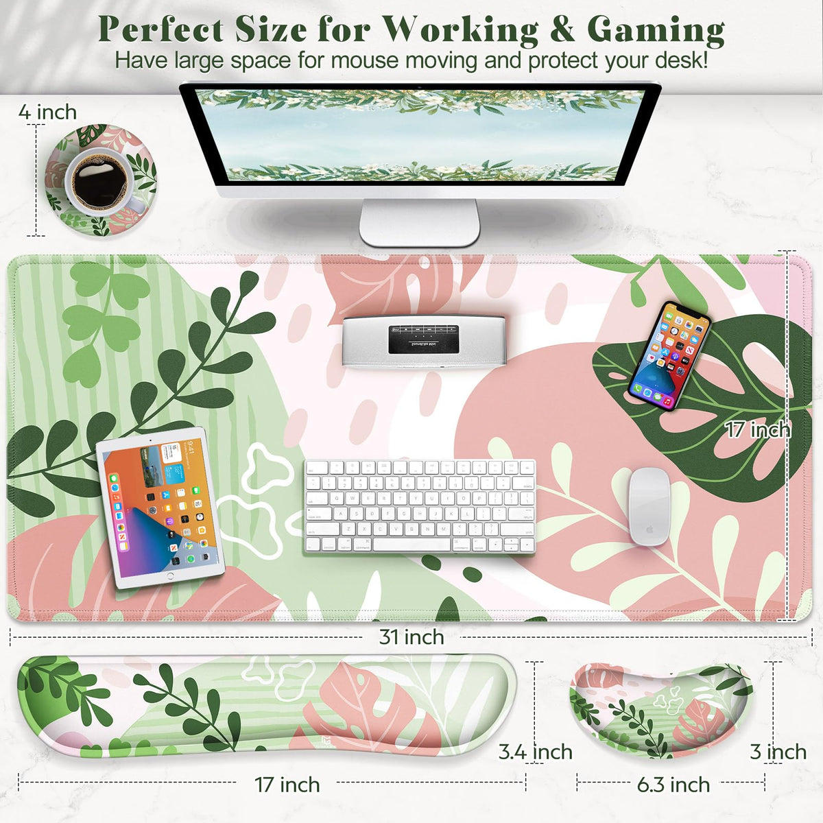 Gimars 4 in 1 Mouse Pad and Keyboard Wrist Rest Set, Large Mouse Pad with Memory Foam Wrist Support