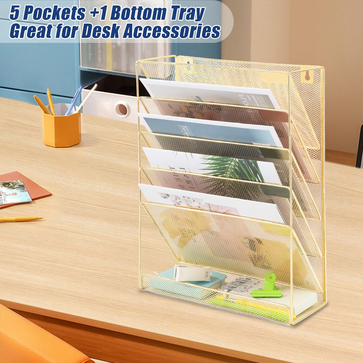 EASEPRES Desk File Organizer Mesh 6-Tier, Hanging Wall Mount Document Organization Stand, Desktop