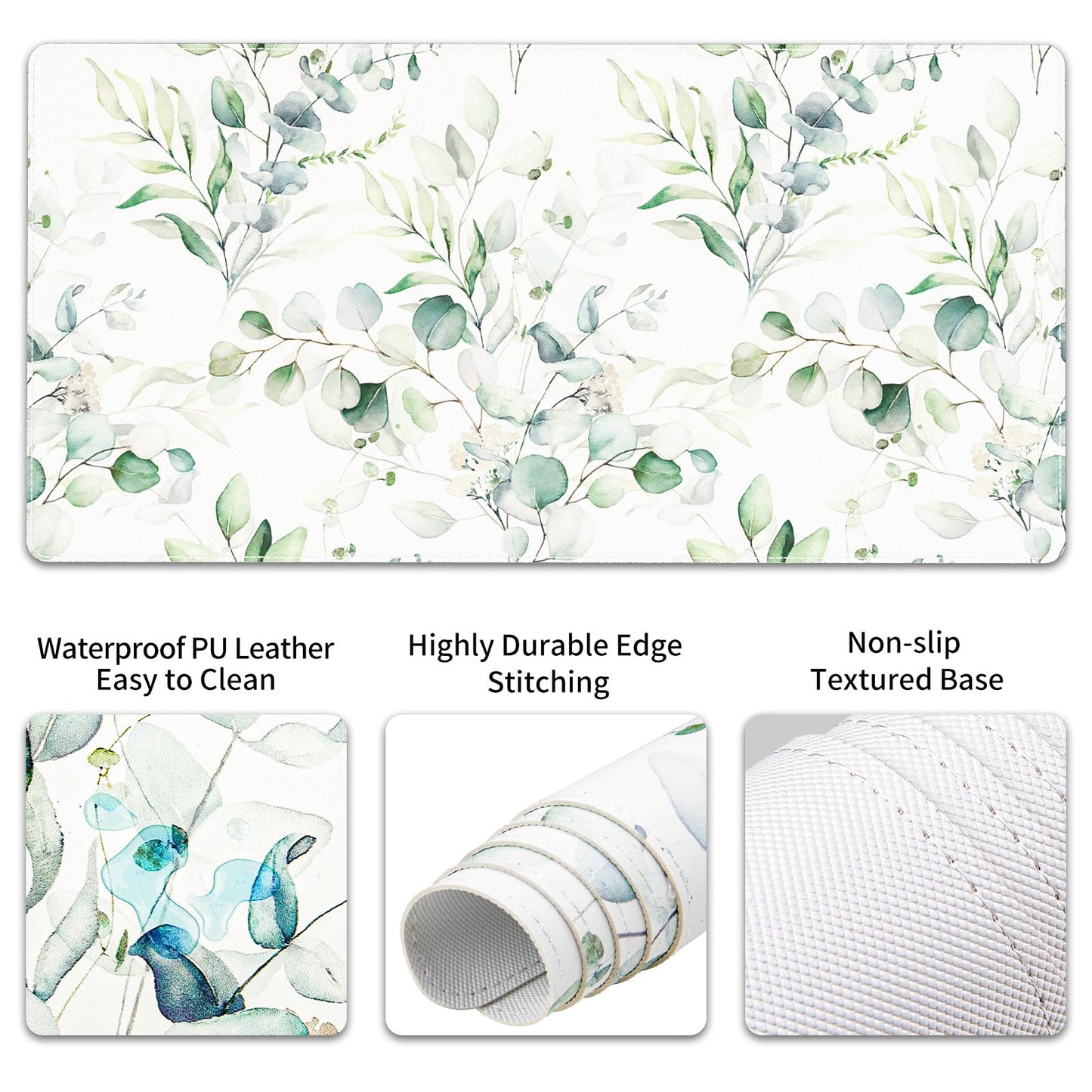 QiyI PU Leather Desk Mat Set, 4-in-1 Ergonomic Wrist Rest, Eucalyptus