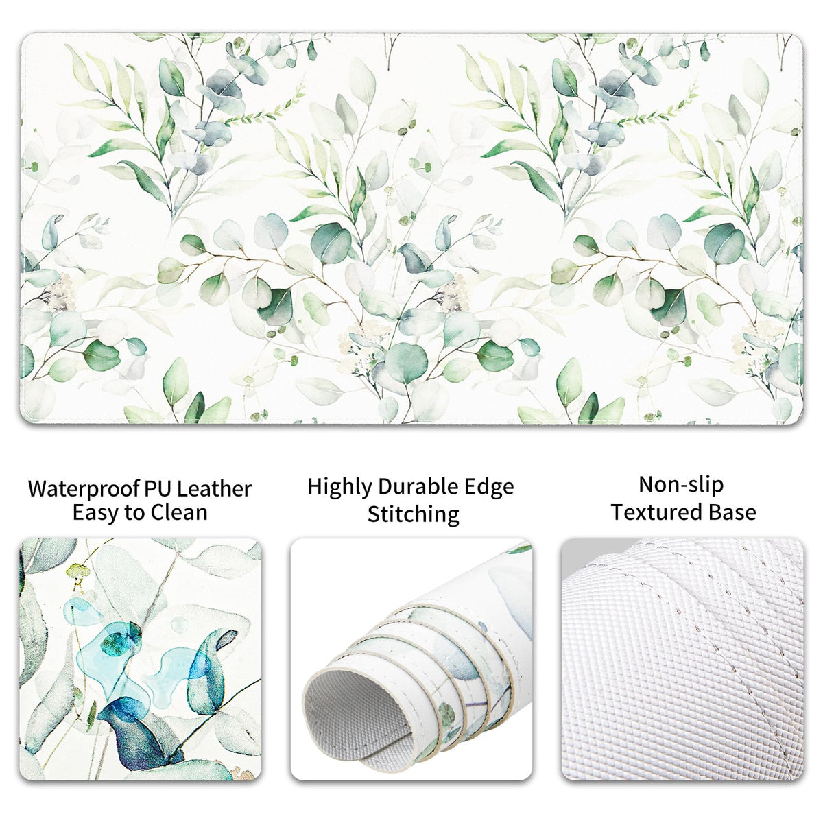QiyI PU Leather Desk Mat Set, 4-in-1 Ergonomic Wrist Rest, Eucalyptus