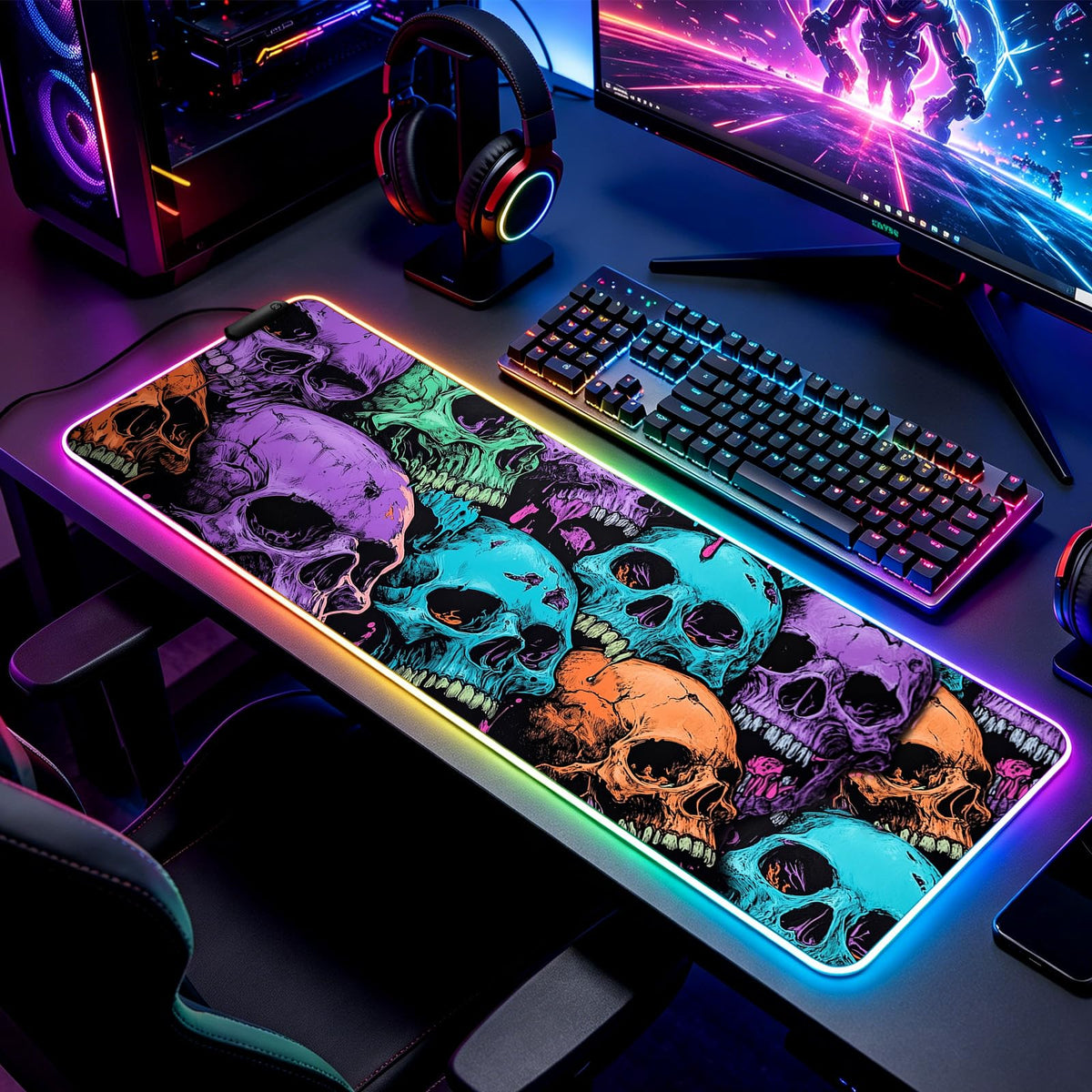 JIANG100 RGB Dark Gothic Skull Design Gaming Desk Mat & Mouse Pad, XL