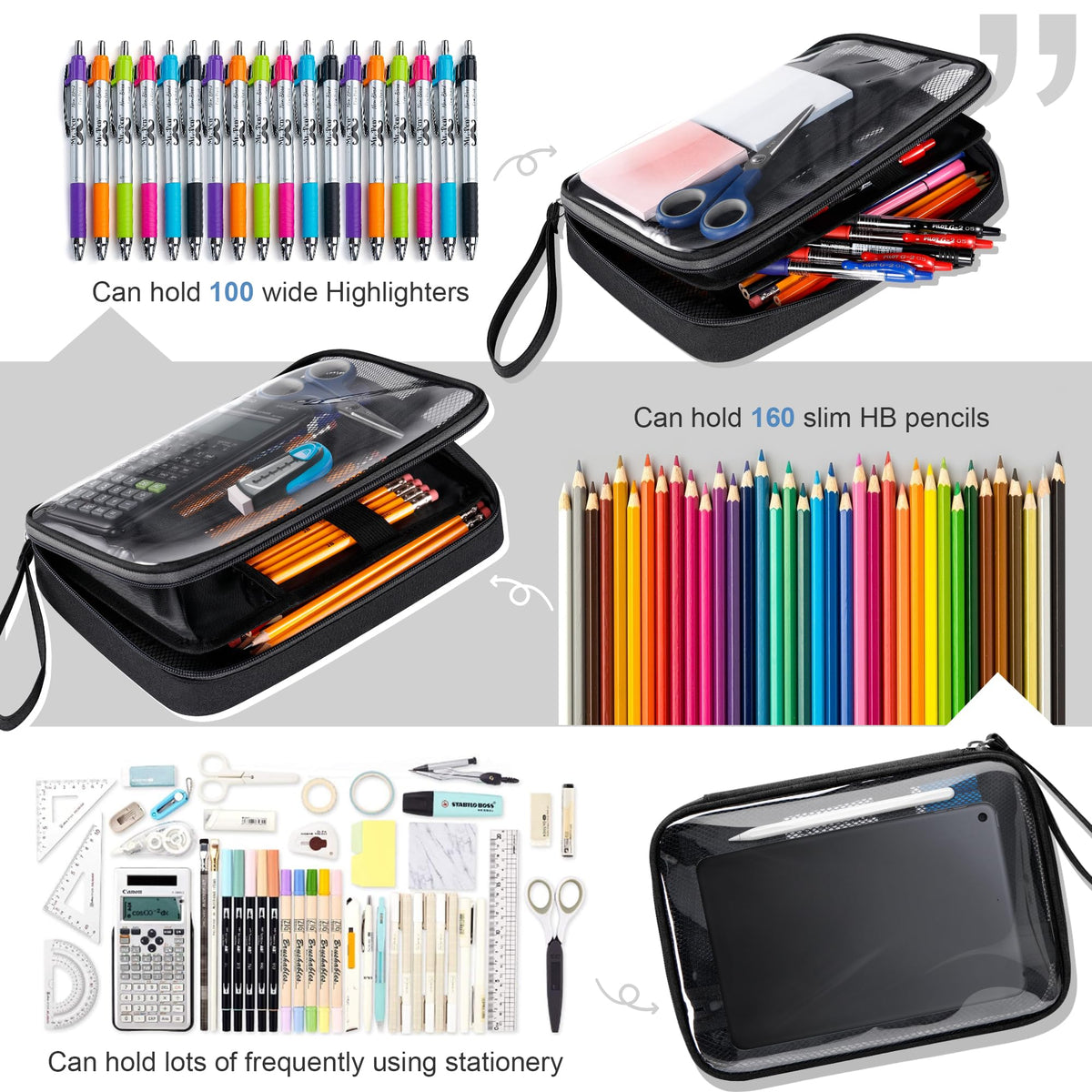 Zannaki Large Pencil Case, Clear Pencil Bag with Big Compartments, Transparent Pen Bag Wide