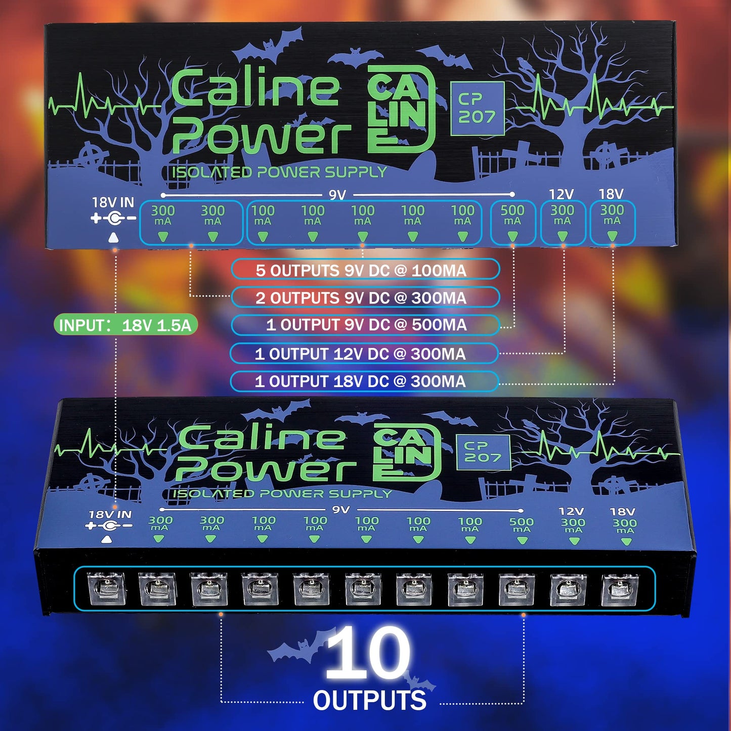 Caline CP-207 Guitar Pedal Power Supply, True Isolated Pedal Board Power Supply with 10 Totally