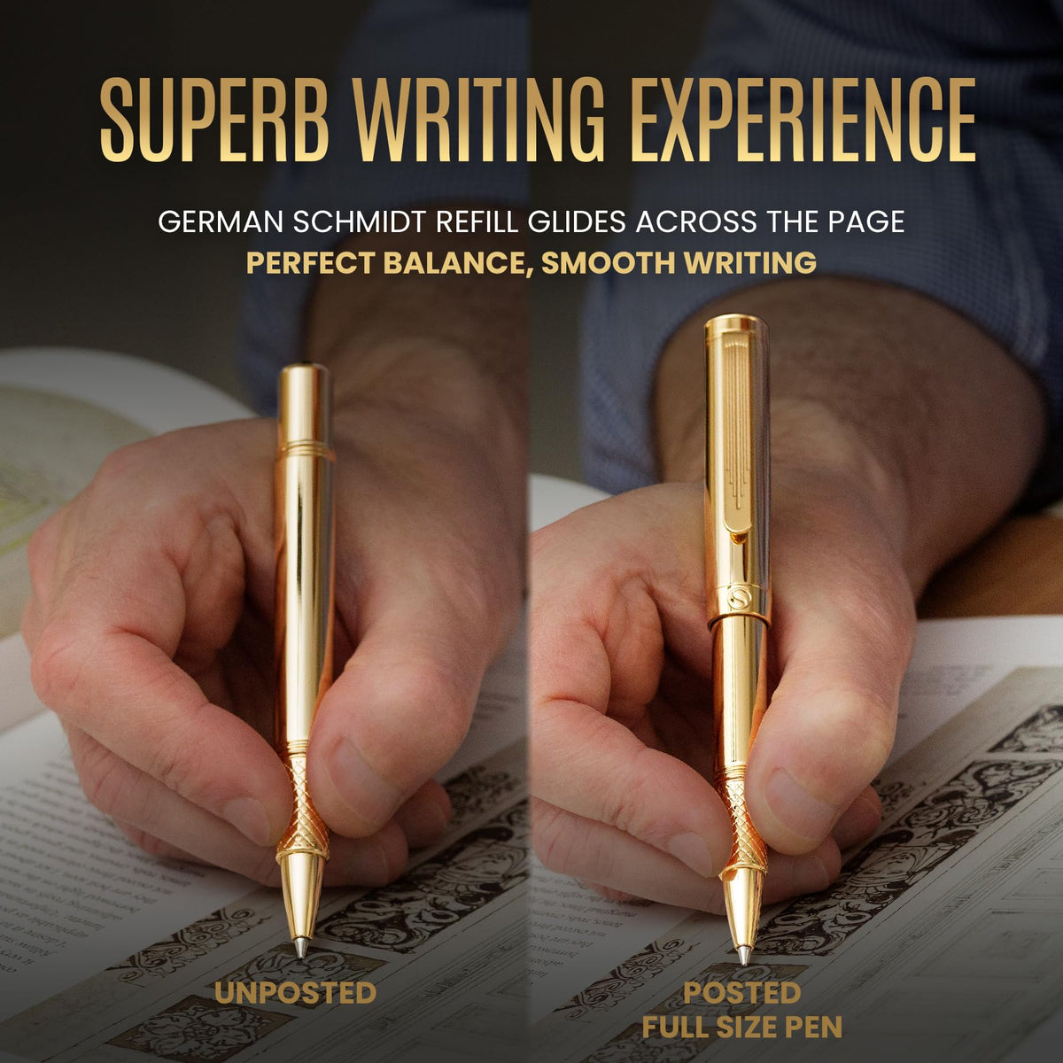Scriveiner Heavy Gold Rollerball Pen, Award Winning Luxury Pocket Pen with gold plating Finish