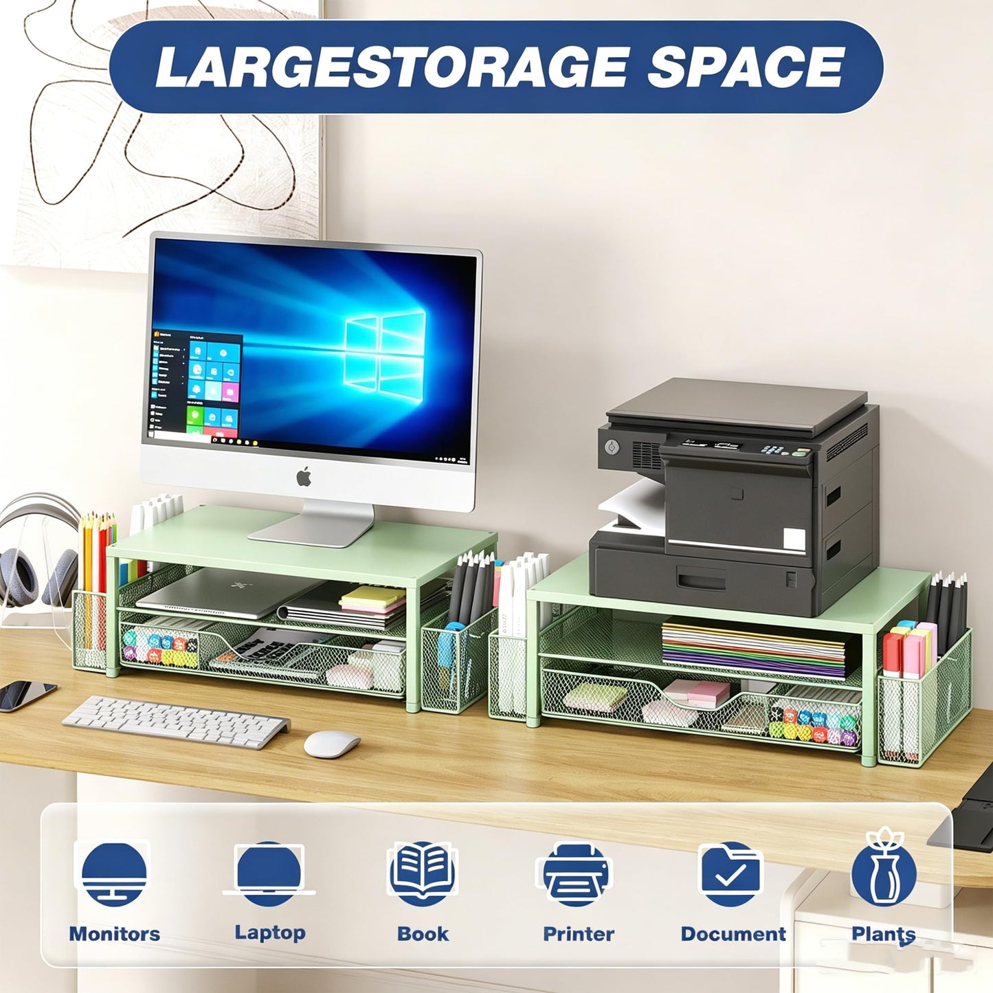 OPNICE Desk Organizers and Accessories, Computer Monitor Stand Riser with Drawer and 2 Pen Holders