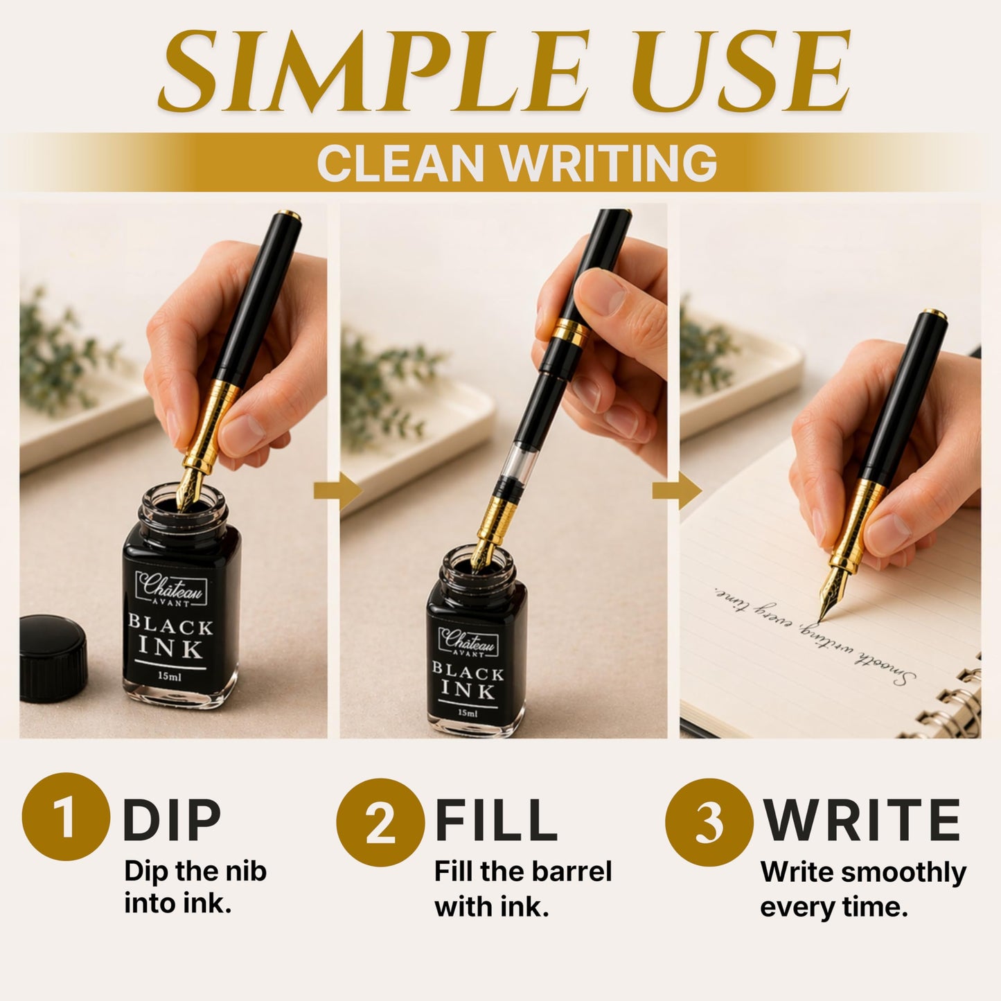 Château Avant Fountain Pen Set | Refillable Black Fountain Pen with Black Ink Bottle, Fine Nib, and