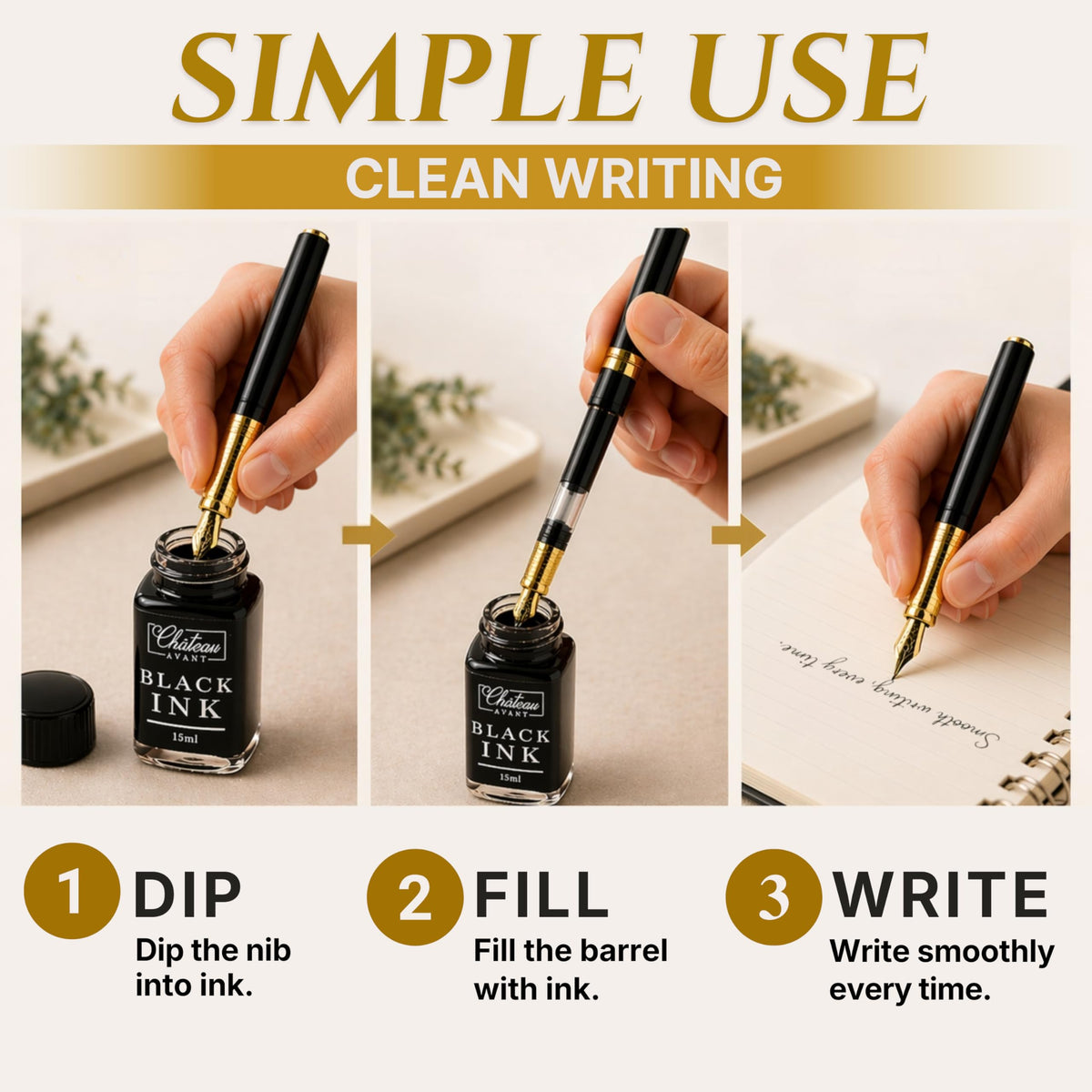 Château Avant Fountain Pen Set | Refillable Black Fountain Pen with Black Ink Bottle, Fine Nib, and