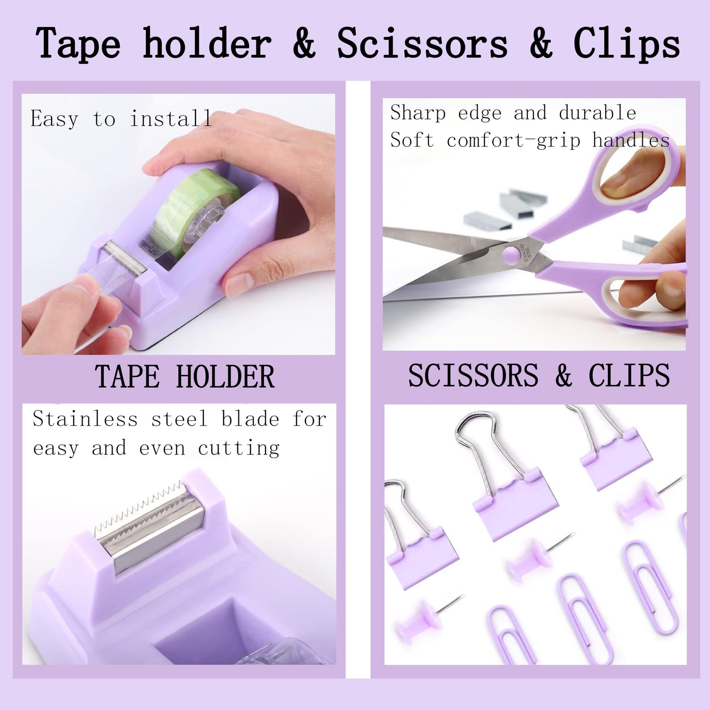 Dimonluce Purple Desk Accessories, Purple Office Supplies Accessories with Tape Dispenser, Stapler